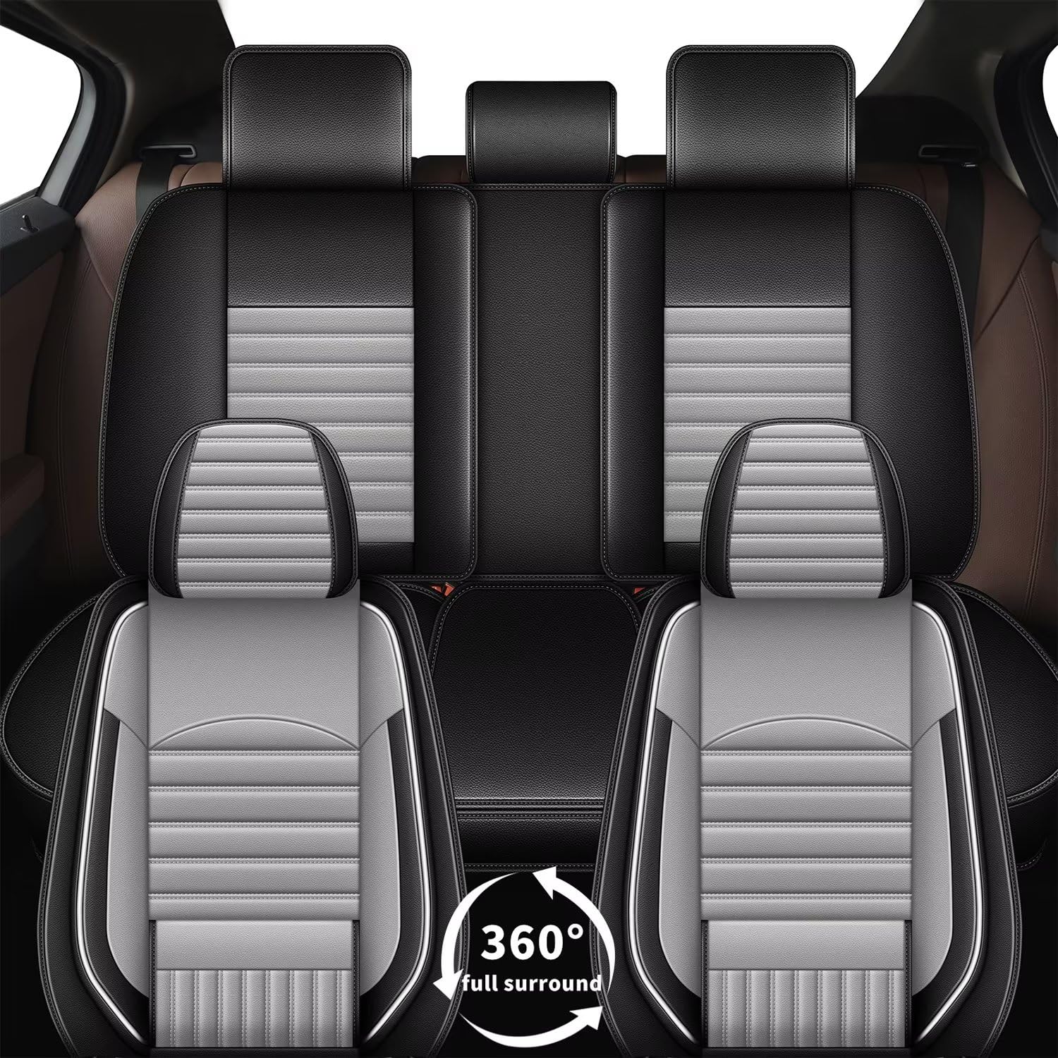 TTX LIGHTING Waterproof Faux Leather Car Seat Covers - Full Set 5 Seats for BMW 5 Series (2004-2025 Models) | Airbag Compatible Seat Protector | Gray & White | Perfect for Daily Commute, Road Trips & Family Protection