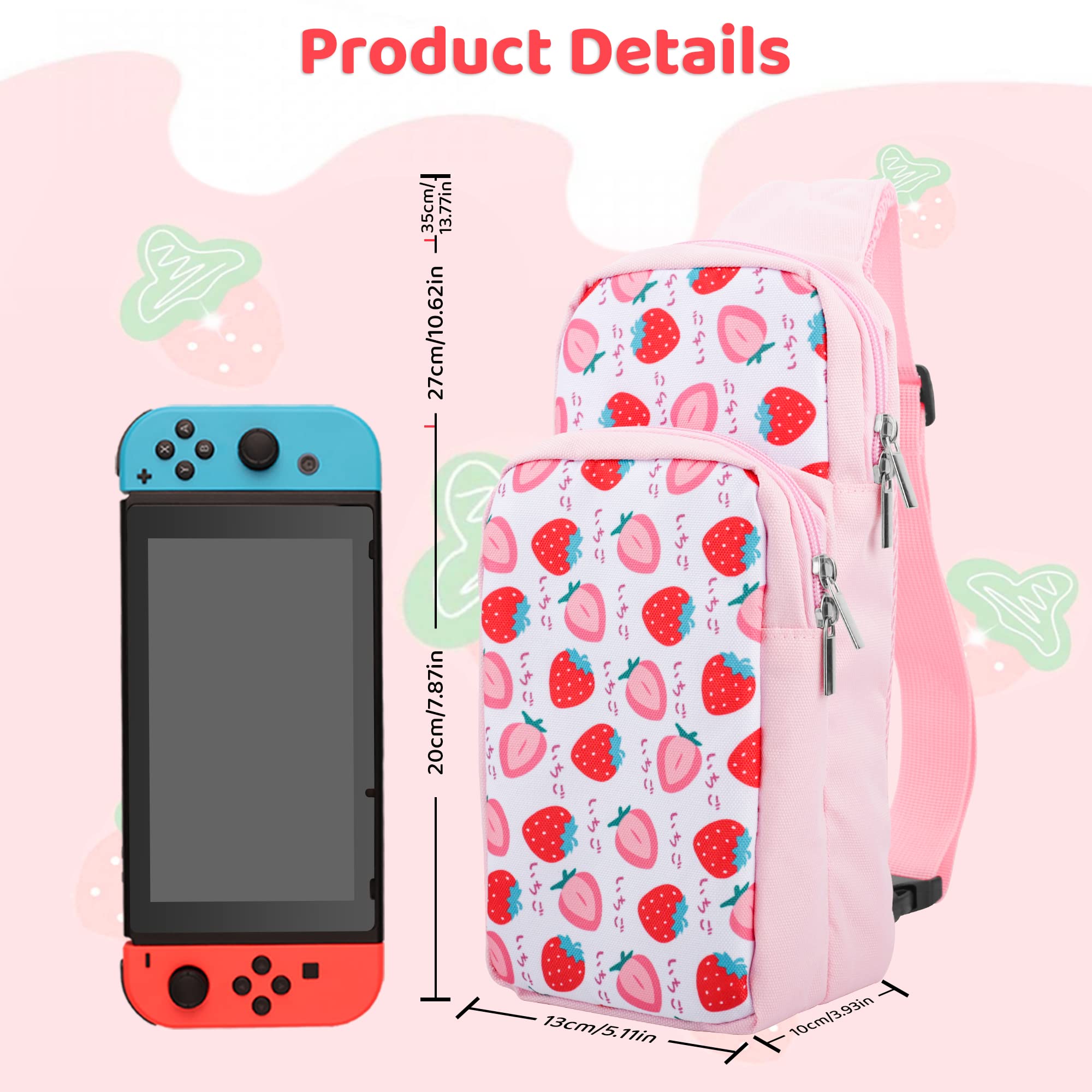 RHOTALL Pink Travel Bag for Nintendo Switch/Lite/OLED - Large Capacity Portable Carrying Case with 12 Game Slots & Thumb Grip Caps (Strawberry) - Perfect for Gaming On-The-Go, Travel Accessories Storage & Shoulder Backpack