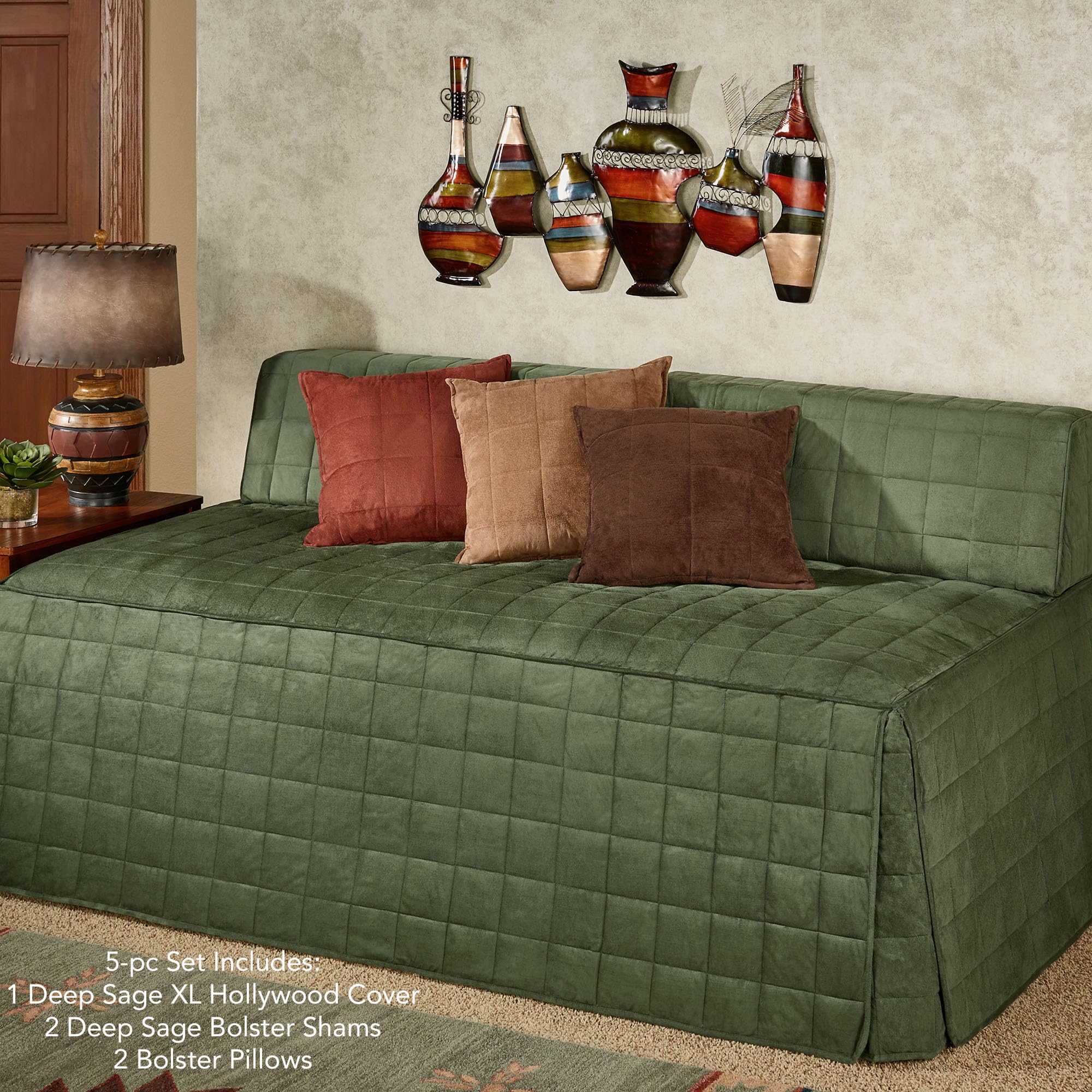 Camden Luxury Bedding Set - Deep Sage Green Faux Suede Quilted 5-Piece Hollywood Daybed Cover with Bolster Shams & Pillows | Elegant Bedroom Decor for Guest Rooms, Dormitories & Cozy Home Styling