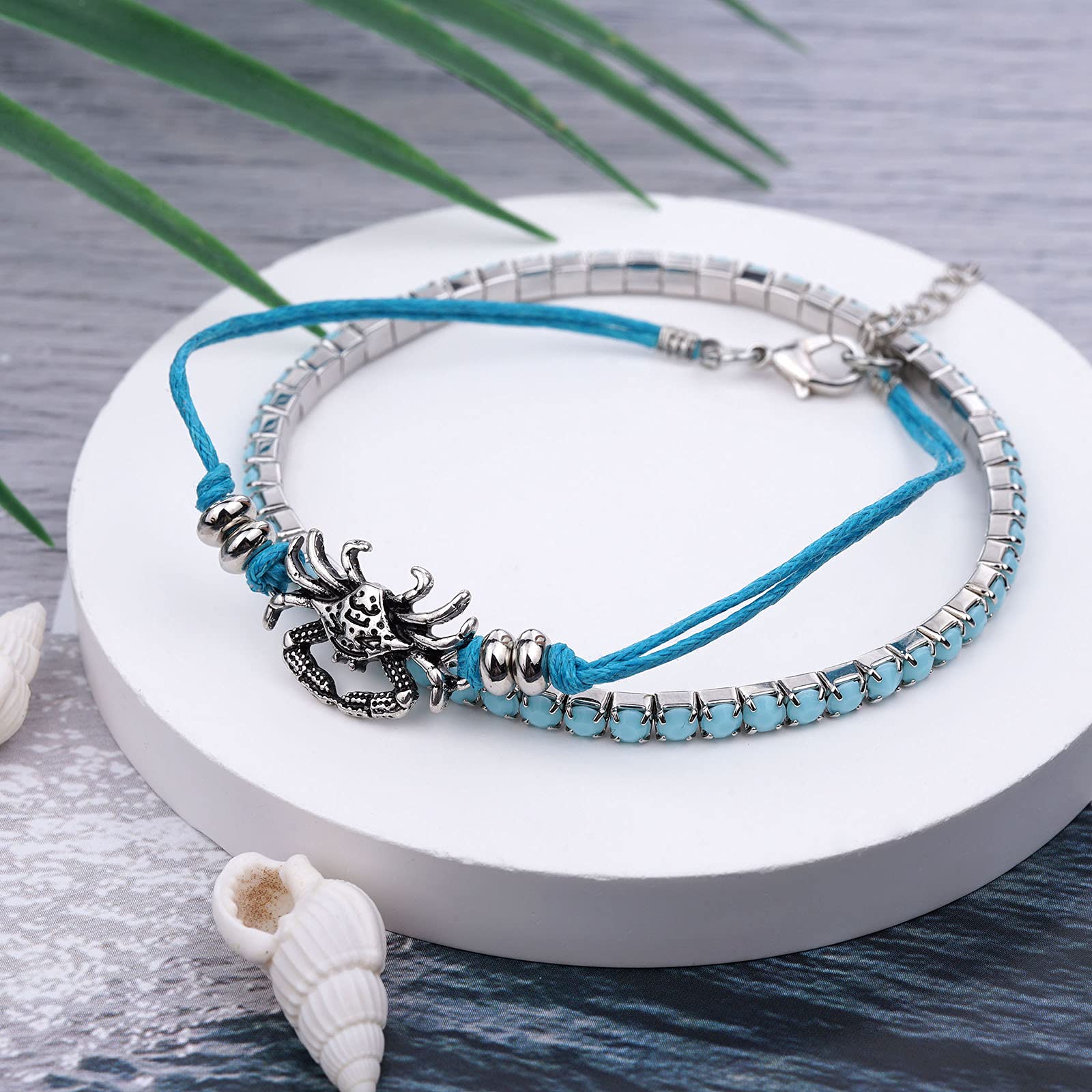 Boho Beach Bracelets for Women - Adjustable Starfish, Turtle & Conch Shell Anklets with Turquoise Beads - Stretchable Foot Jewelry for Summer Vacations, Beach Parties & Tropical Getaways