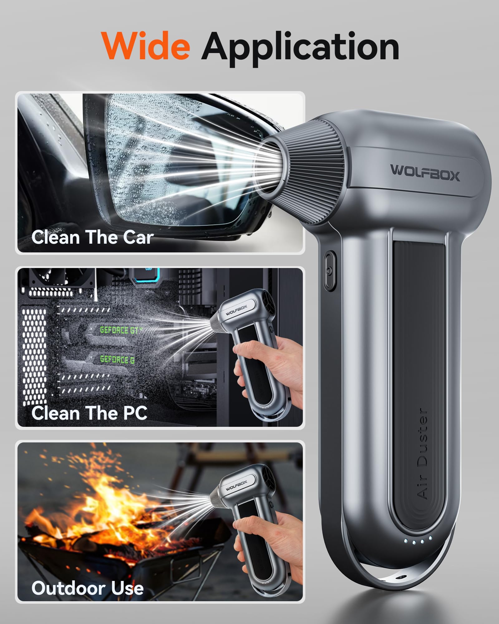 WOLFBOX MF100 Electric Air Duster - 150,000 RPM Super Powerful Cordless Rechargeable Blower with Brushless Motor | 3-Speed Adjustable Dust Blaster for Computer Cleaning, Keyboard Maintenance, Car Detailing & Home Use