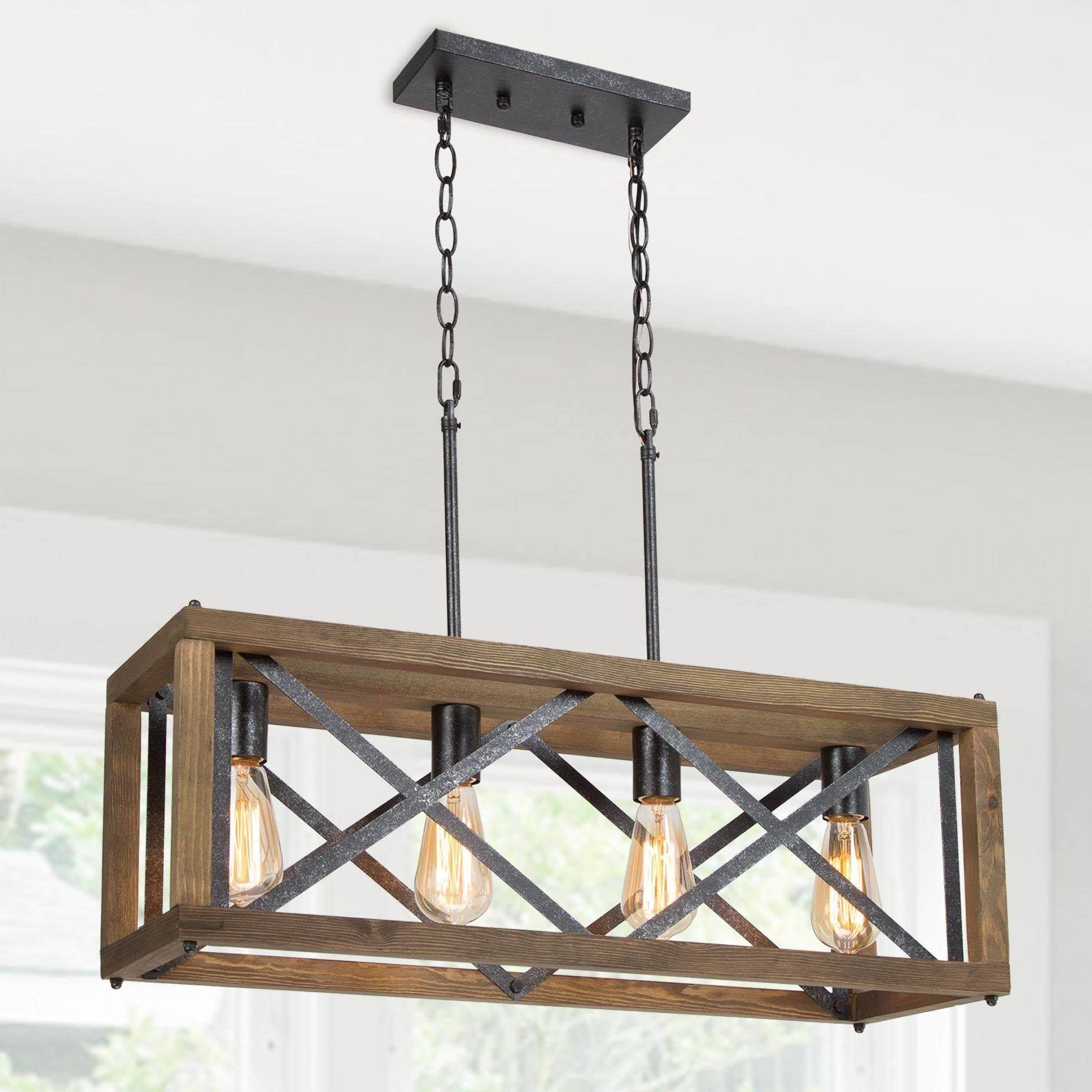 Rustic Farmhouse Chandelier - 4-Light Rectangular Dining Room Lighting Fixture (27.5 Inch) - Perfect for Kitchen Island, Breakfast Nook & Country Style Home Decor