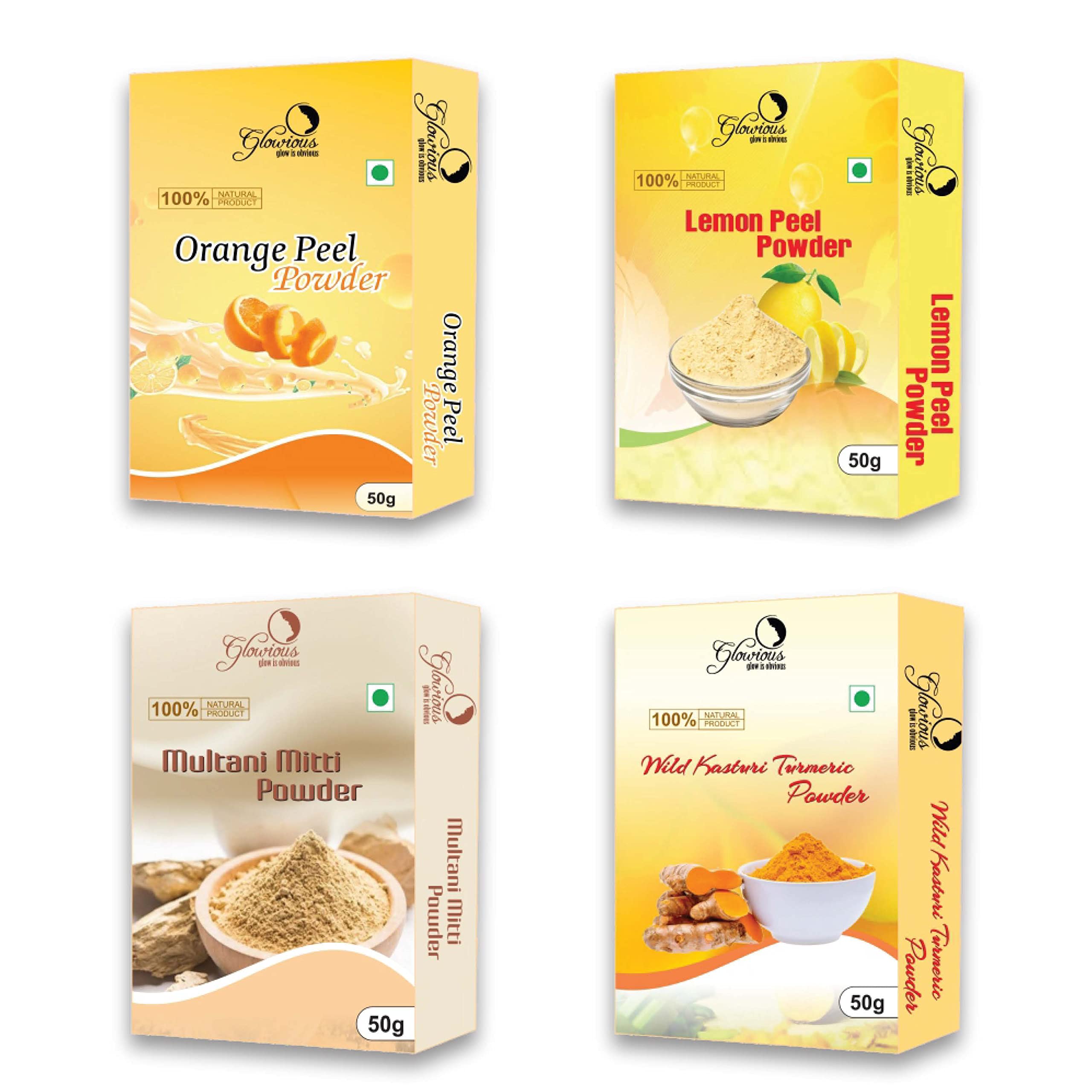 Glowious 4-in-1 Natural Skin Care Combo Pack - Orange Peel, Multani Mitti, Kasturi Turmeric & Lemon Peel Powder (200g, 50gX4) for Face Mask | Brightening, Exfoliating & Glowing Skin Treatment | Perfect for Daily Skincare Routine & Spa Days