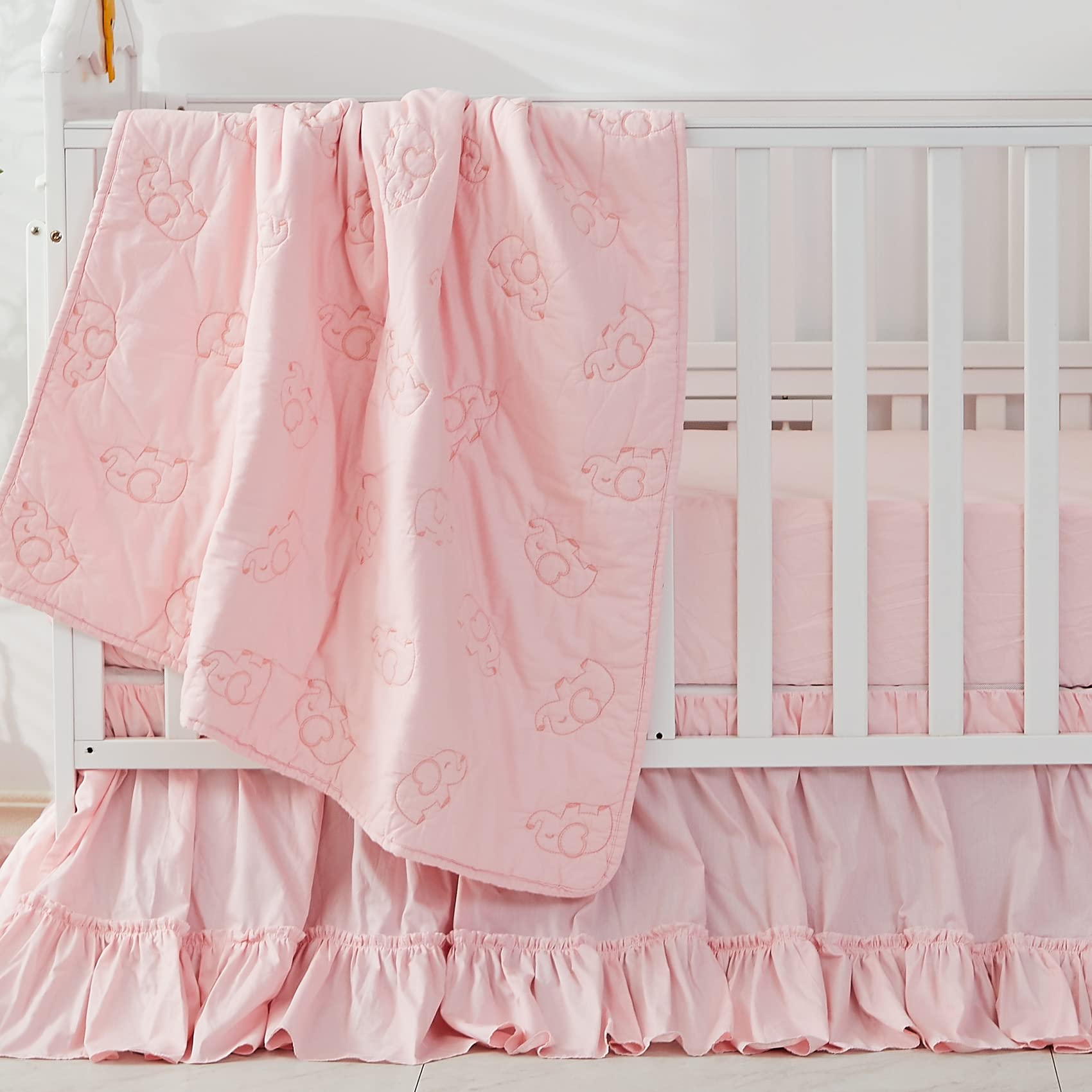 Brandream Girls Nursery Bedding Set - 3 Piece Embroidered Elephant Crib Set, Chic Sweet Pink Farmhouse Style, 100% Cotton Baby Quilt - Perfect for Newborns, Toddlers & Nursery Decor