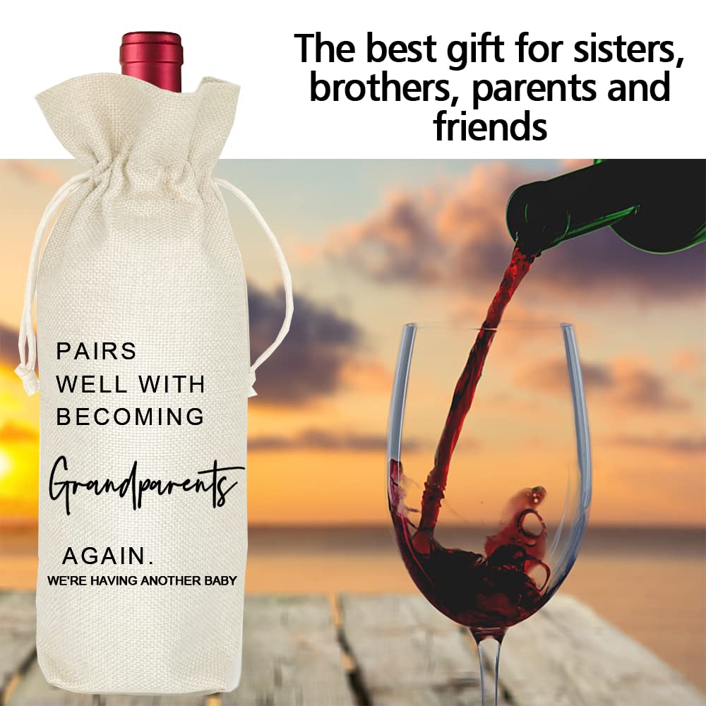Pregnancy Announcement Gift Set - Baby Reveal Wine Bags for Grandparents & Parents - Burlap Drawstring Wine Gift Bags for Gender Reveal Parties & Special Celebrations