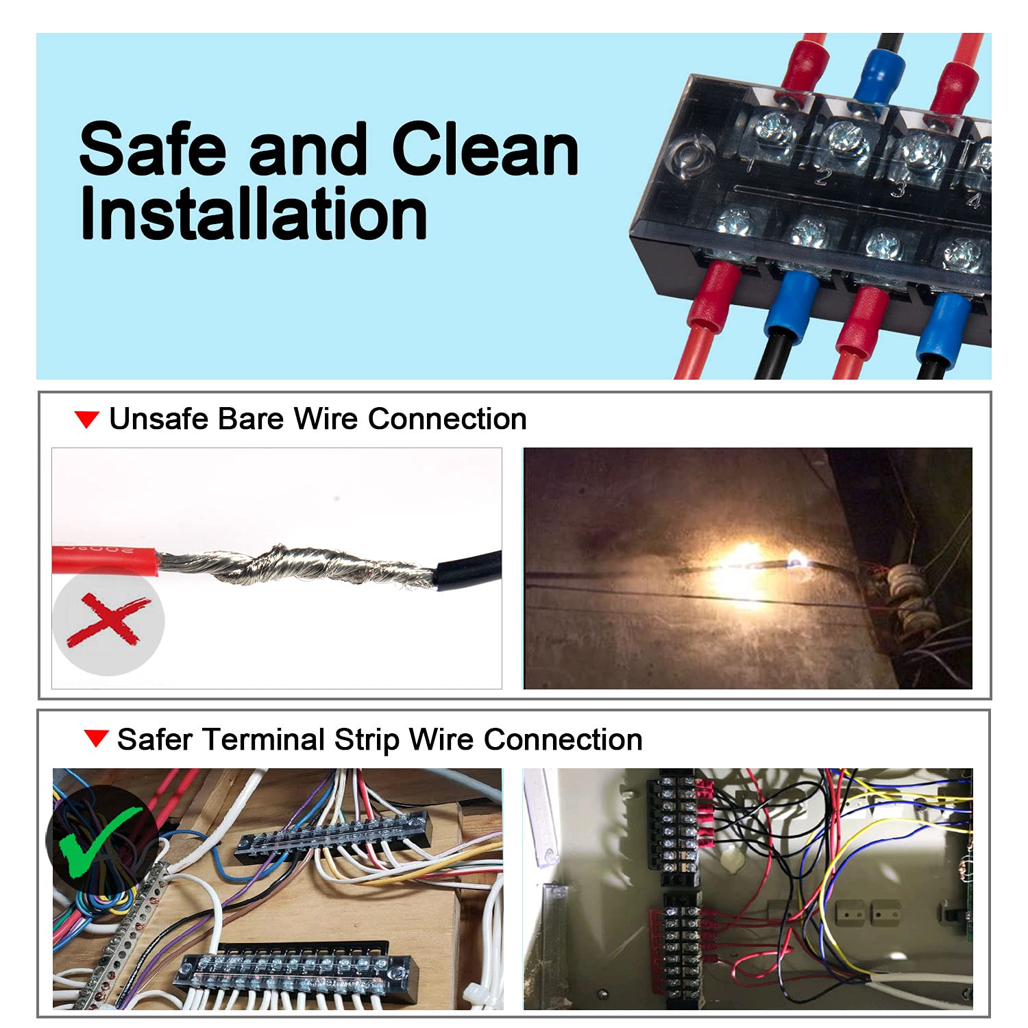 MILAPEAK 600V 15A Dual Row Screw Terminal Block and Strip - 6 Sets with 8/10/12 Positions, Cover, Pre-Insulated Terminals, Barrier Strips, Jumpers & Fork Connectors | Electrical Wiring, DIY Projects, Home & Industrial Use