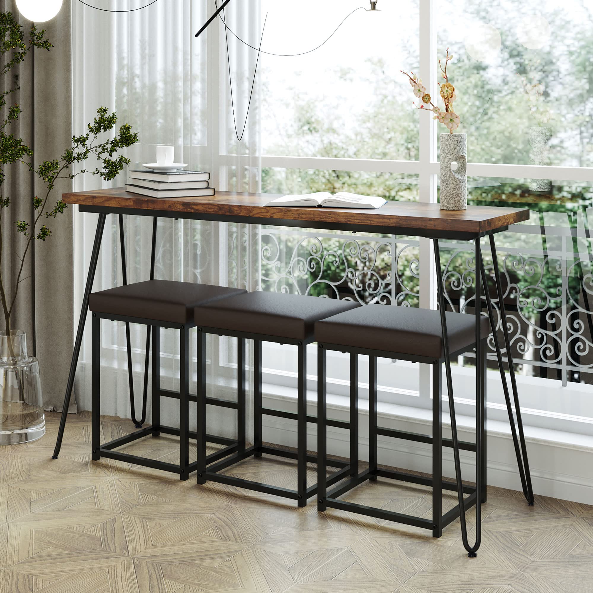 P PURLOVE 4-Piece Counter Height Dining Set - Rustic Pub Table with 3 PU Stools for Kitchen, Bar & Breakfast Nook | Perfect for Small Spaces & Entertaining
