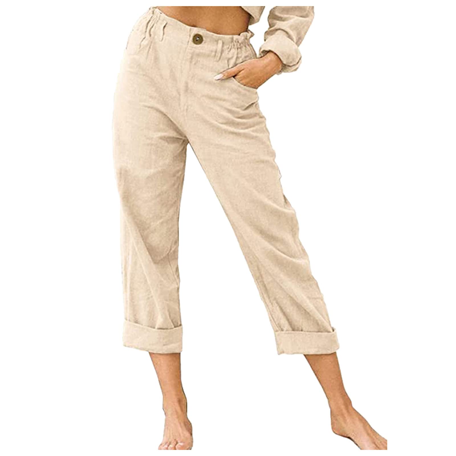 Women's Cropped Cotton Pants with Drawstring Elastic Waist - Linen Casual Trousers for Workout, Yoga & Everyday Wear