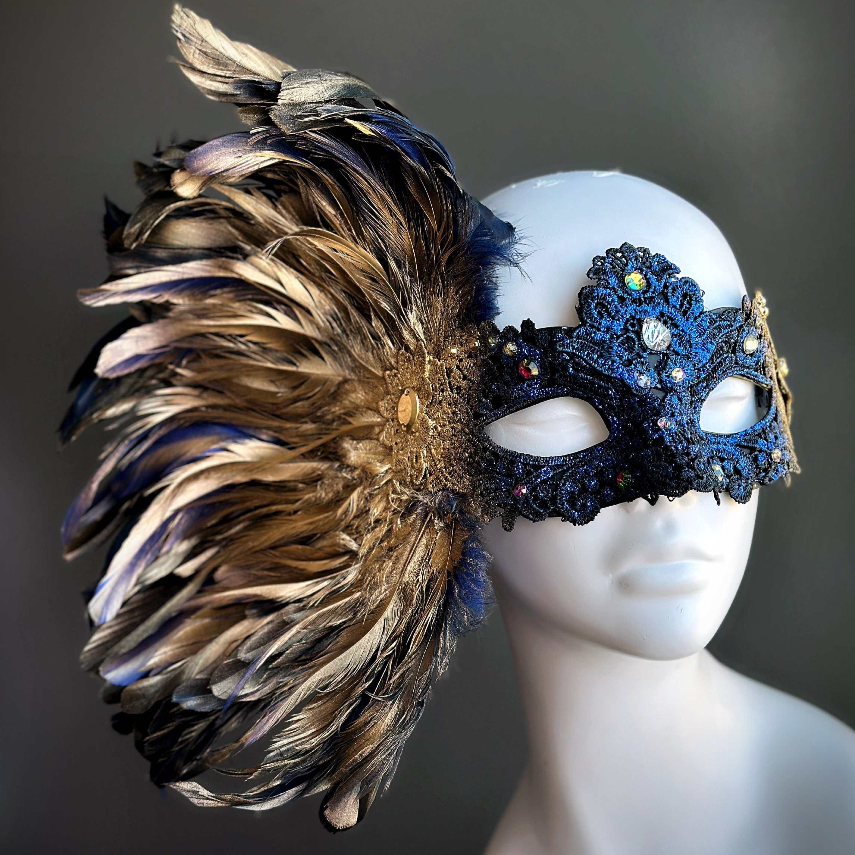 Royal Plume Feather Mask - Elegant Blue & Gold Venetian Style Masquerade Mask for Mardi Gras, Halloween, Costume Parties & Ballroom Dances