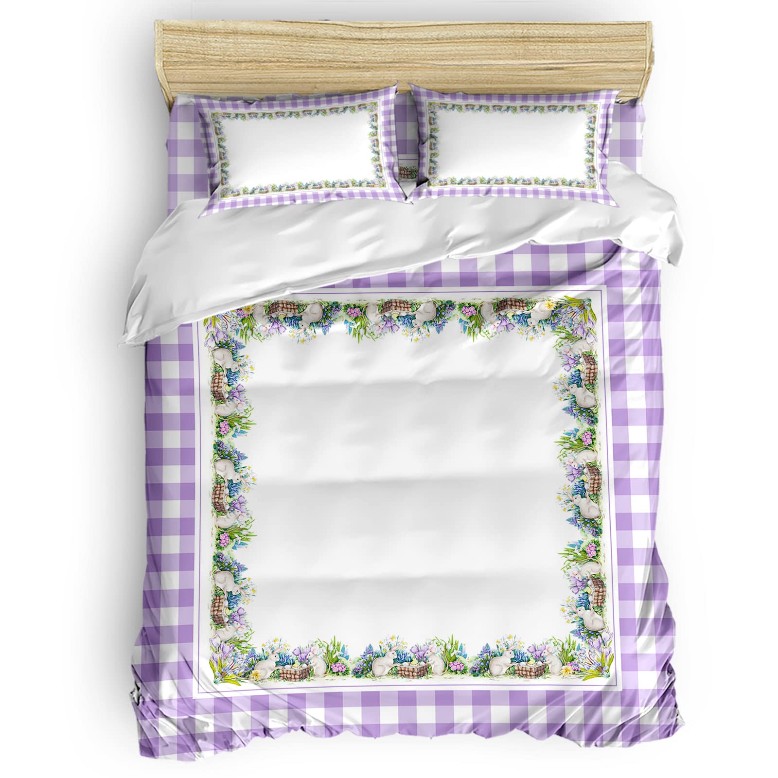 YESOF66 Soft Zipper Duvet Cover Set - Easter Bunny Plaid Bedding for Kids | Purple & White Buffalo Check with Daisy Pattern | King Size Comforter Cover | Perfect for Girls' & Boys' Bedrooms, Easter Decorations & Cozy Sleep