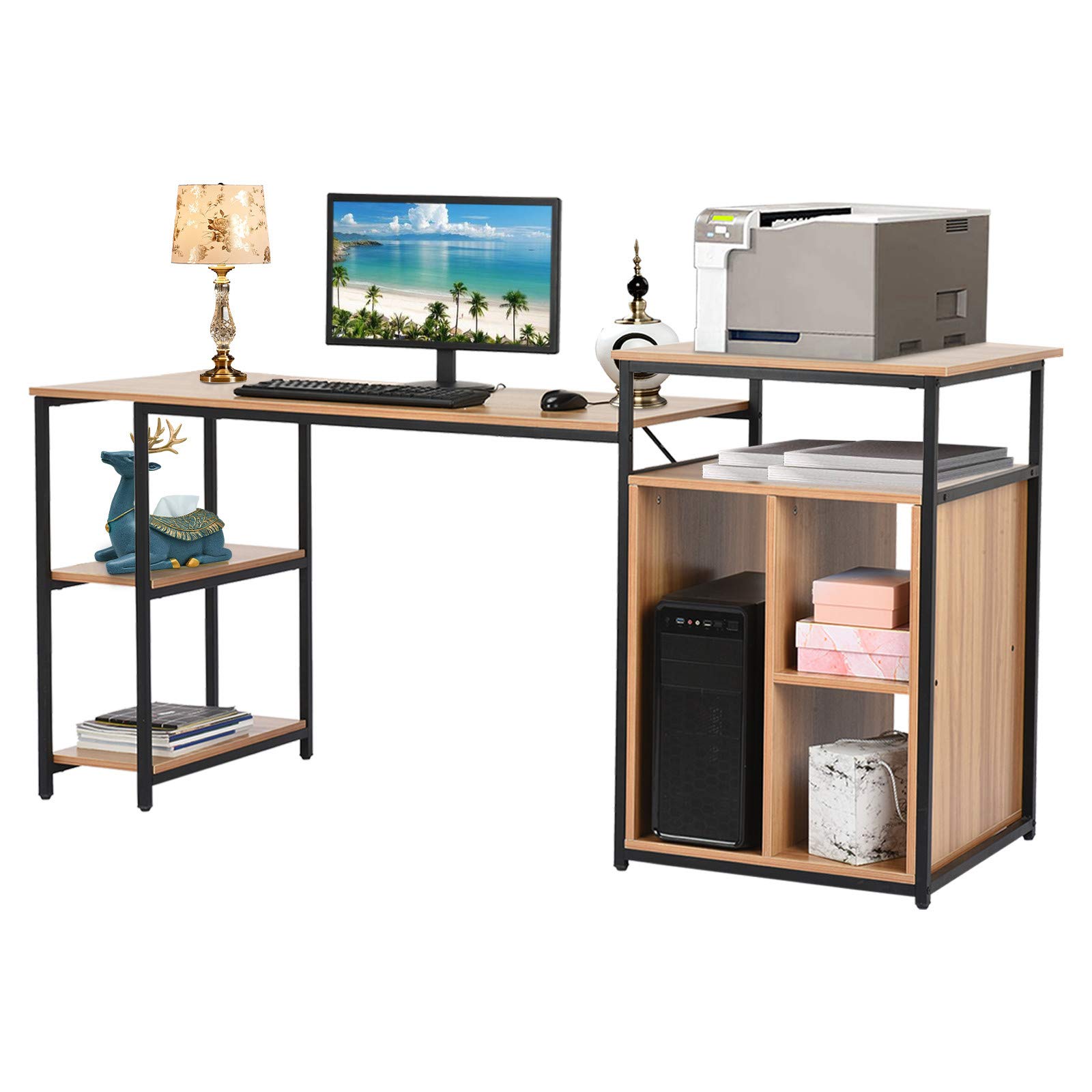 Modern Computer Desk with Printer Stand & Bookshelf - 47 Inch Large PC Laptop Desk with Drawers, Hutch & Storage Shelf - Multifunctional Home Office Workstation for Study, Gaming & Remote Work (Brown)