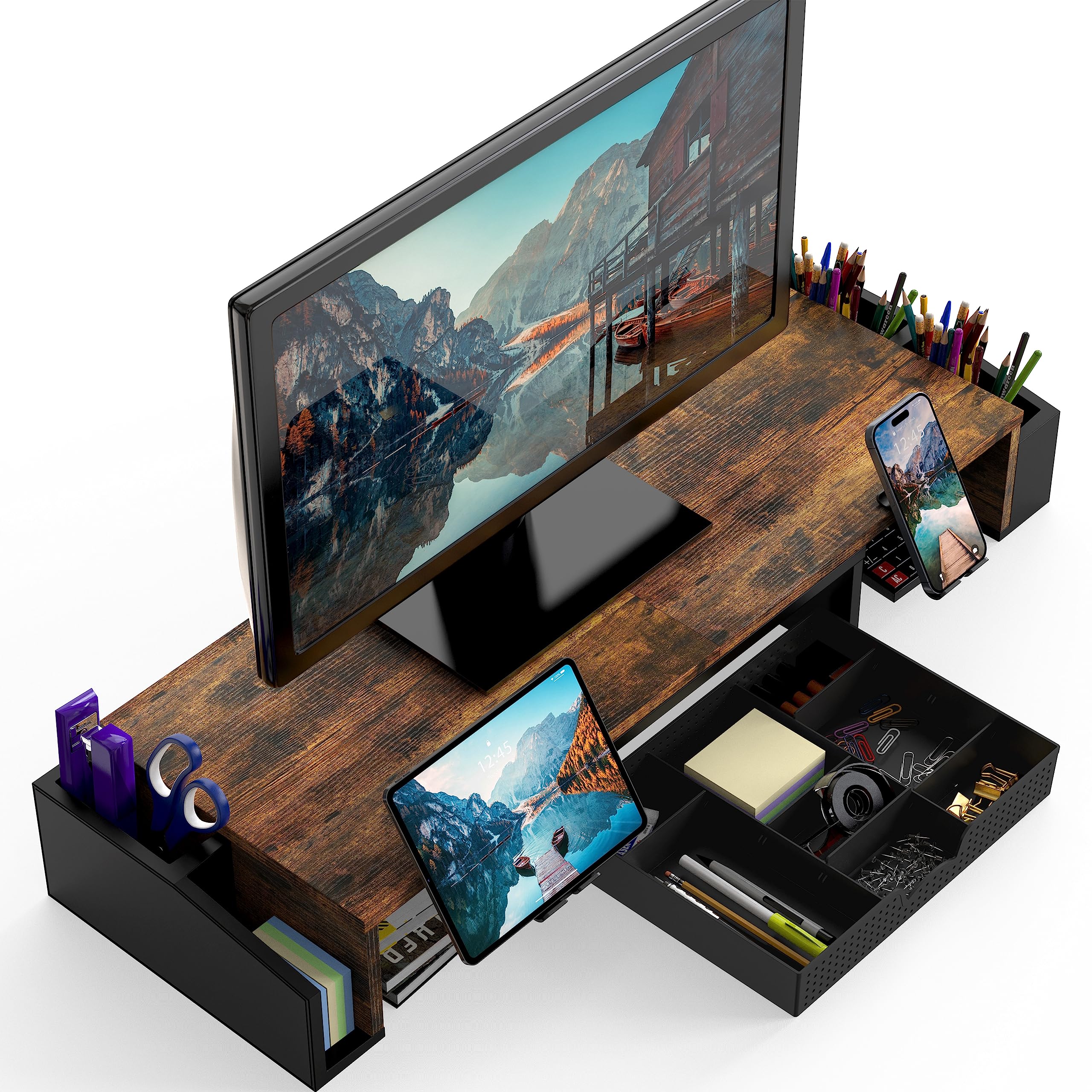 Dual Monitor Stand Riser with Storage Drawer - Rustic Brown Wooden Desk Organizer for Home Office & Gaming Setup
