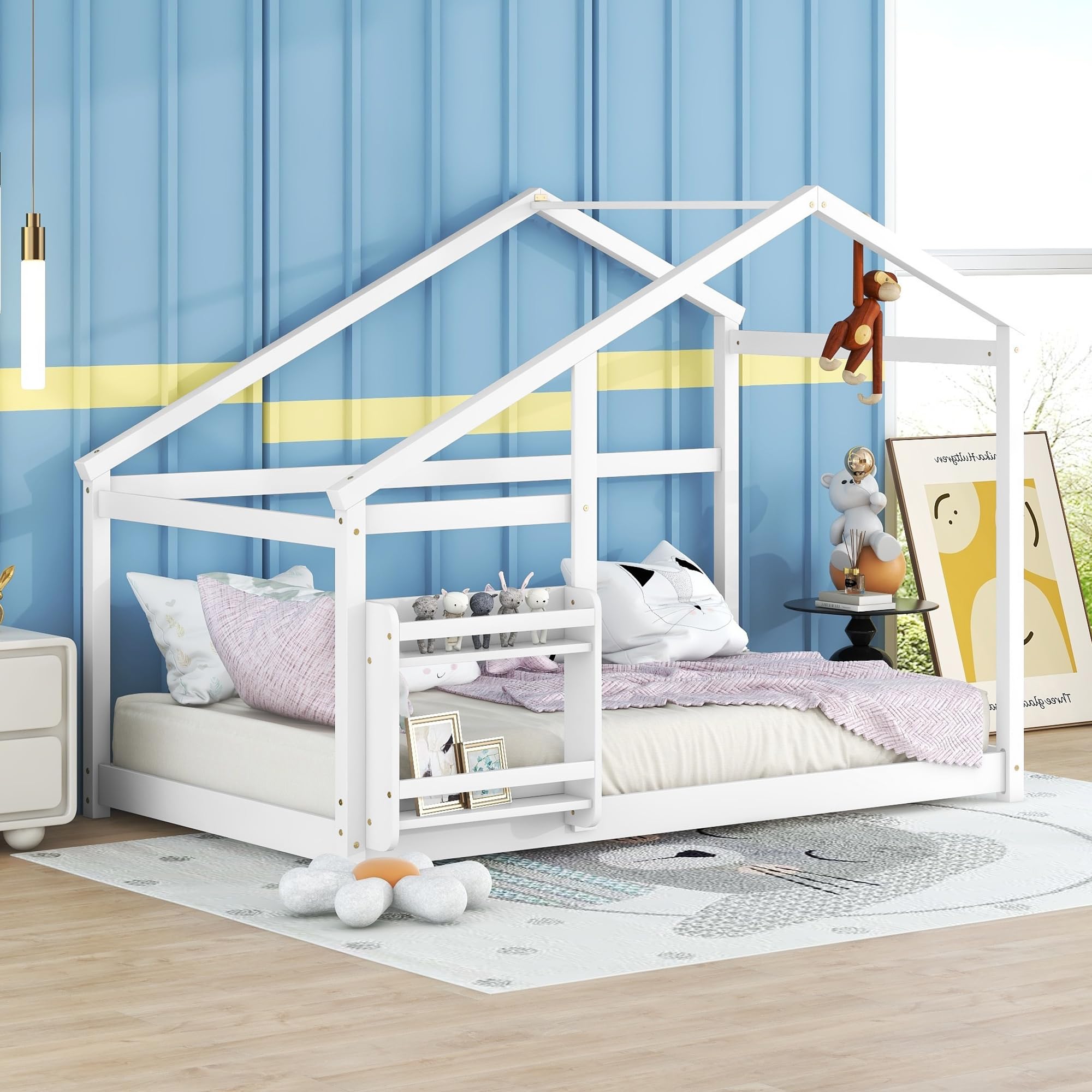 Bellemave Twin Size Wooden House Bed for Kids - Montessori Floor Bed with Built-in Shelf, White - Perfect for Bedrooms, Playrooms & Montessori Learning Spaces
