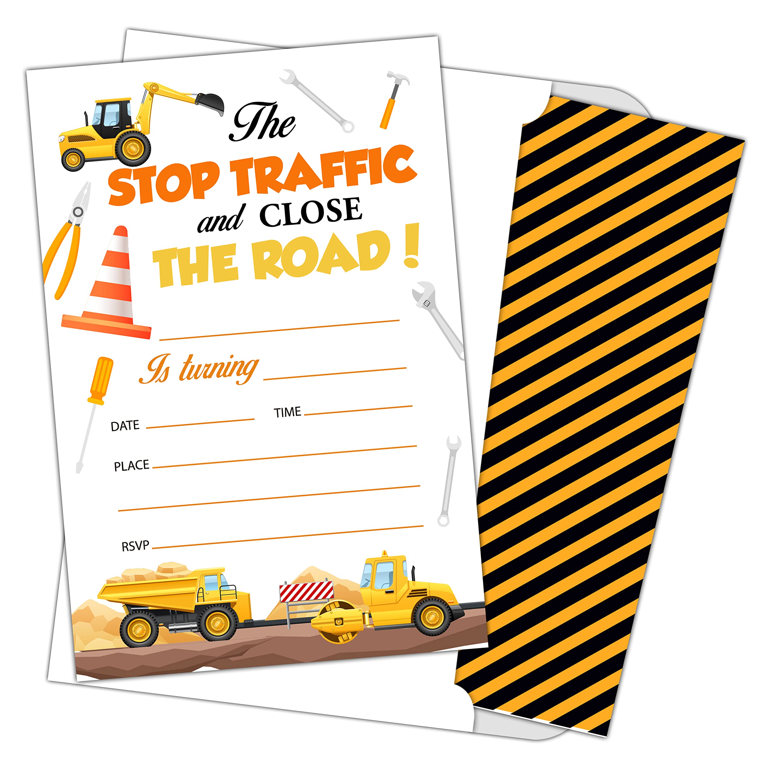 WwongxianB Kids Birthday Party Invitation Cards - 20 Fill-in Excavator Themed Invites with Envelopes for Boys & Girls, Teens Celebration Supplies | Perfect for Construction Theme Parties, School Events & Birthday Invitations
