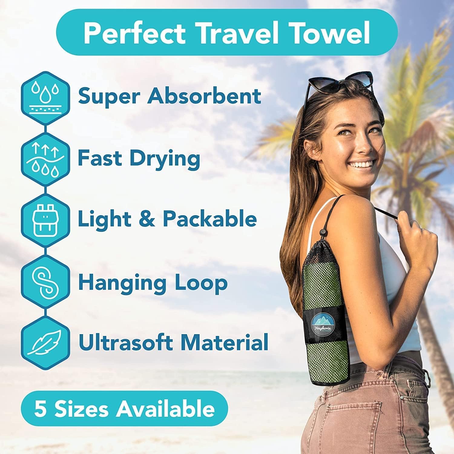 Youphoria Microfiber Travel Towel - Ultra Lightweight & Fast Drying Quick Dry Towel for Camping, Beach, Backpacking, Hiking, Gym & Yoga | Perfect for Outdoor Adventures & Travel Essentials