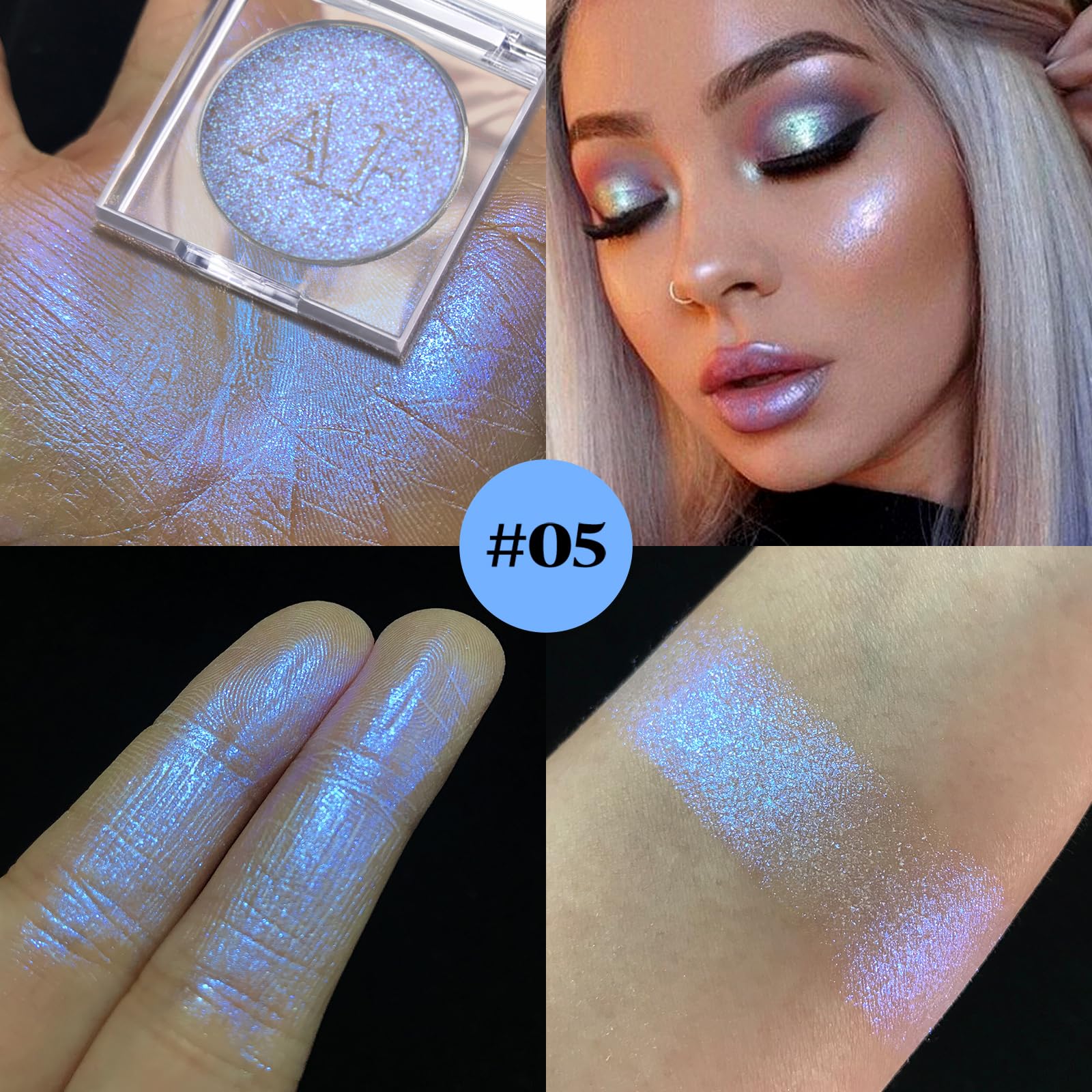 Duochrome Highlighter Makeup - Chameleon Holographic Mineral Powder for Face & Body | Waterproof Blue Purple Glow | Silky Smooth Shine | #05 | Perfect for Festival Makeup, Night Out Glam & Photoshoot Looks