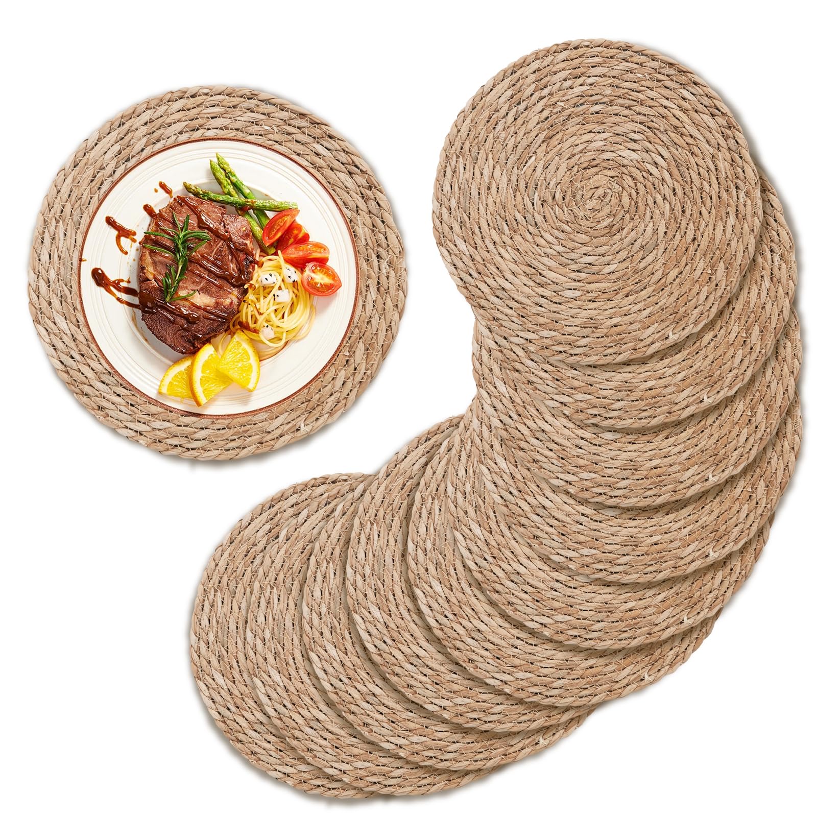 13.8 Inch Round Hand Woven Rattan Placemats Set of 10 - Boho Farmhouse Chargers for Dinner Plates, Braided Table Mats for Dining Room Decor | Perfect for Farmhouse, Rustic, and Coastal Style Home Decor
