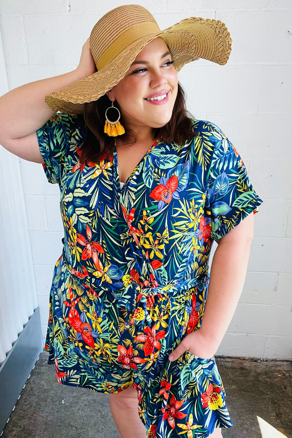Navy Blue Tropical Floral Print Surplice Romper for Women - Summer Beach Vacation, Pool Party & Casual Outfit