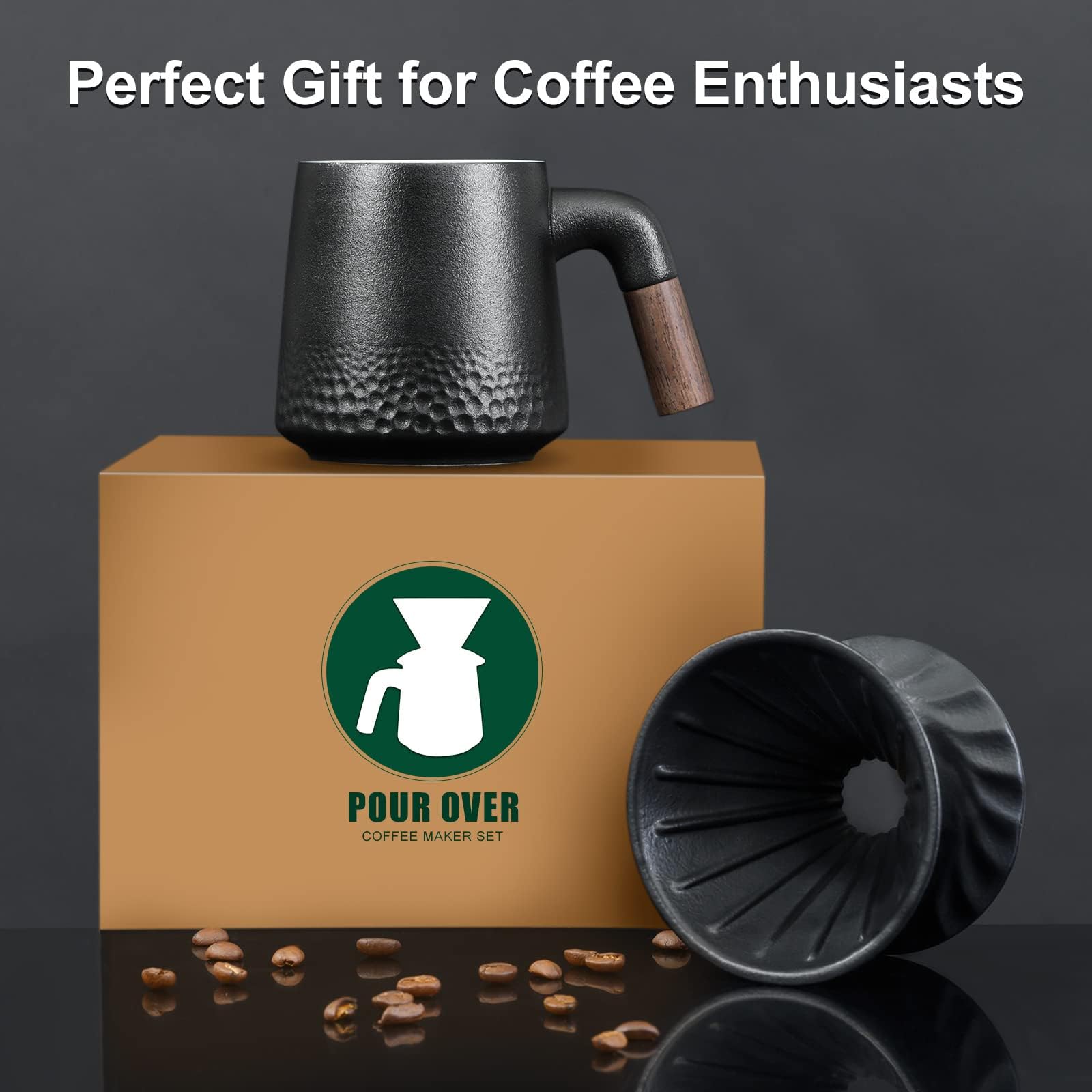 PARACITY Ceramic Pour Over Coffee Maker Set - 60° Angled V-Shaped Dripper with 40 Reusable Filters, Coffee Mug & Brewer for Single Cup | Perfect for Home, Office & Camping Coffee Brewing
