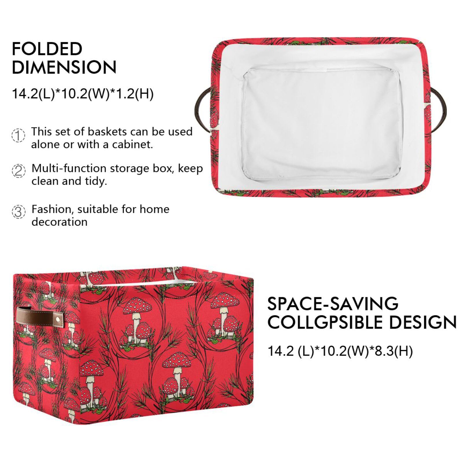 Foldable Canvas Storage Bins with Handles & Metal Frame - 2 Pack Mushroom Cartoon Organizer Baskets for Home, Office, Nursery Shelves | Perfect for Toys, Books & Clutter Organization