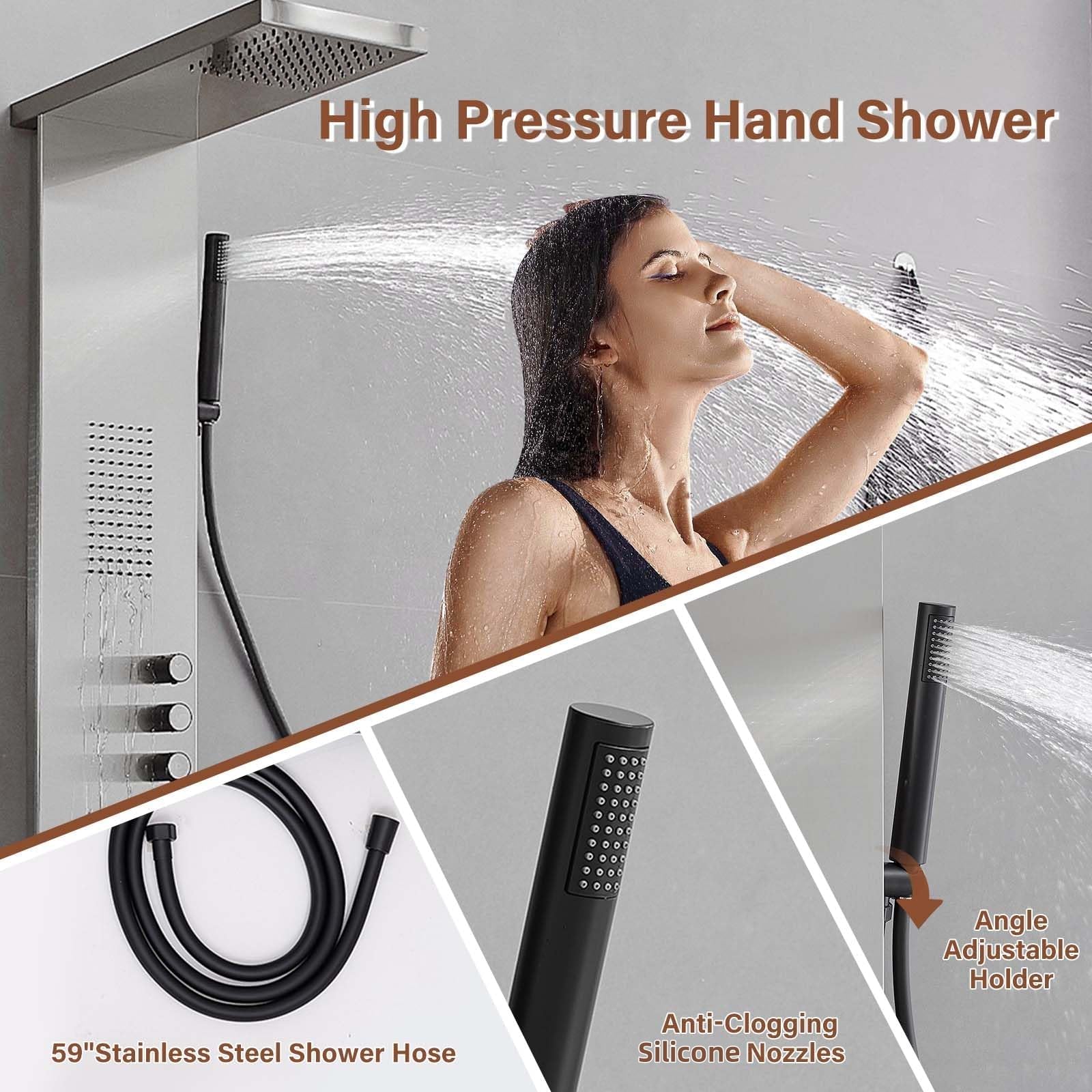 Brushed Nickel Shower Panel Tower System with Rainfall Shower Head & Handheld Wand - Multi-Function Large Area Massage Jets for Home & Hotel Use - Perfect for Spa-Like Relaxation and Luxury Bathroom Upgrades