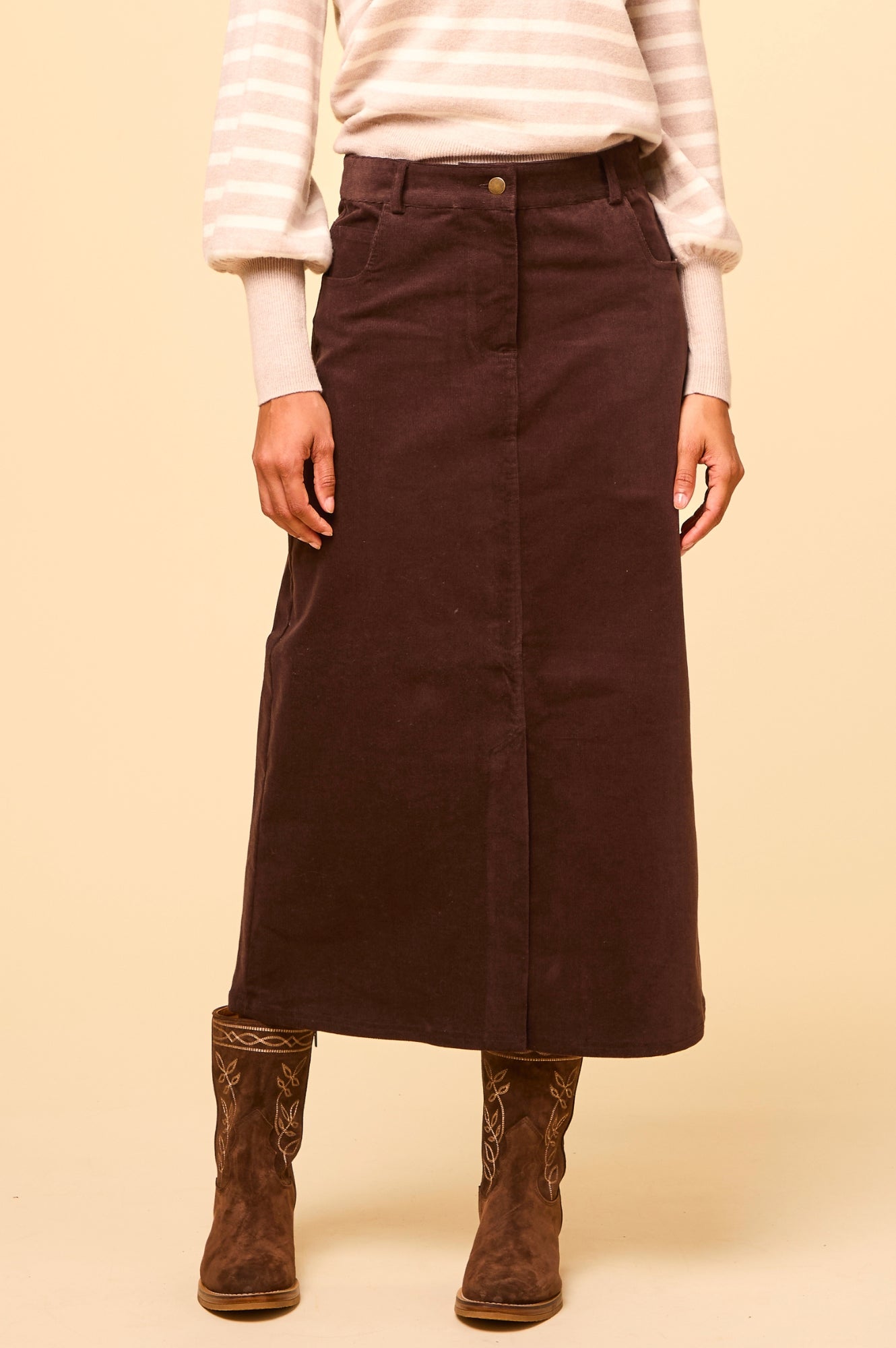 Mallory Stretch Corduroy Skirt for Women - Comfortable High Waist A-Line Skirt in Chocolate Brown | Perfect for Fall, Winter, Office Wear & Casual Outfits