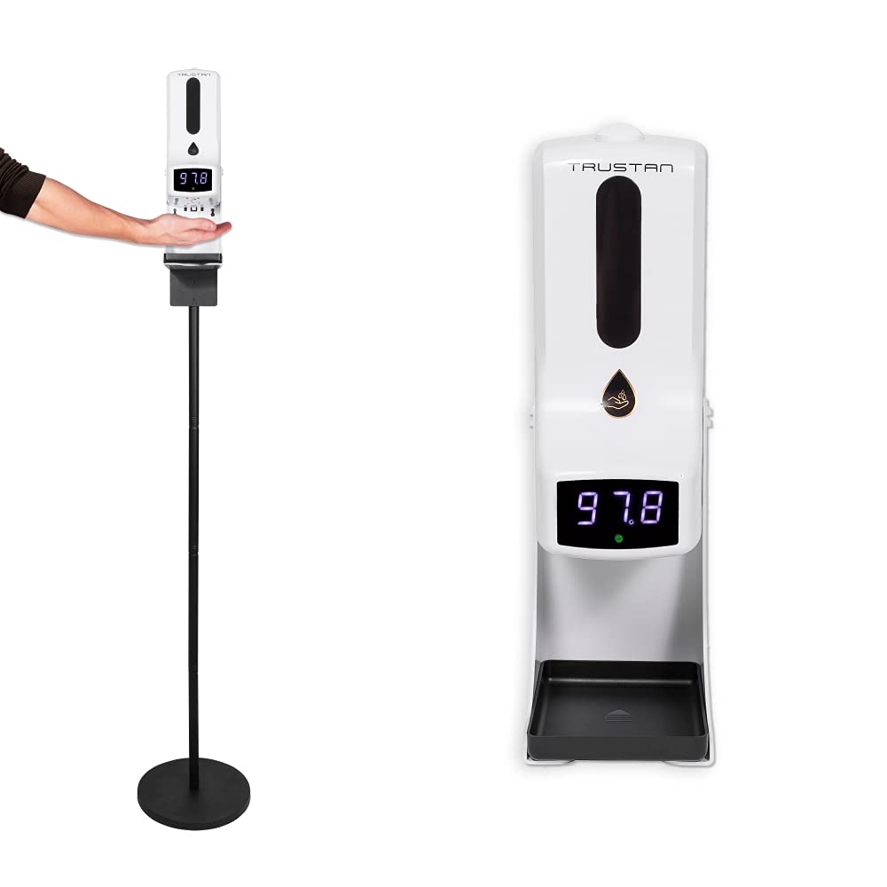 TRUSTAN Automatic Touchless Hand Sanitizer Dispenser with Non-Contact Thermometer - Wall Mount & Floor Stand Sanitizing Station for Office, Restaurant, Hospital, School and Home Use (Spray Type) - Ideal for High Traffic Areas & Public Spaces