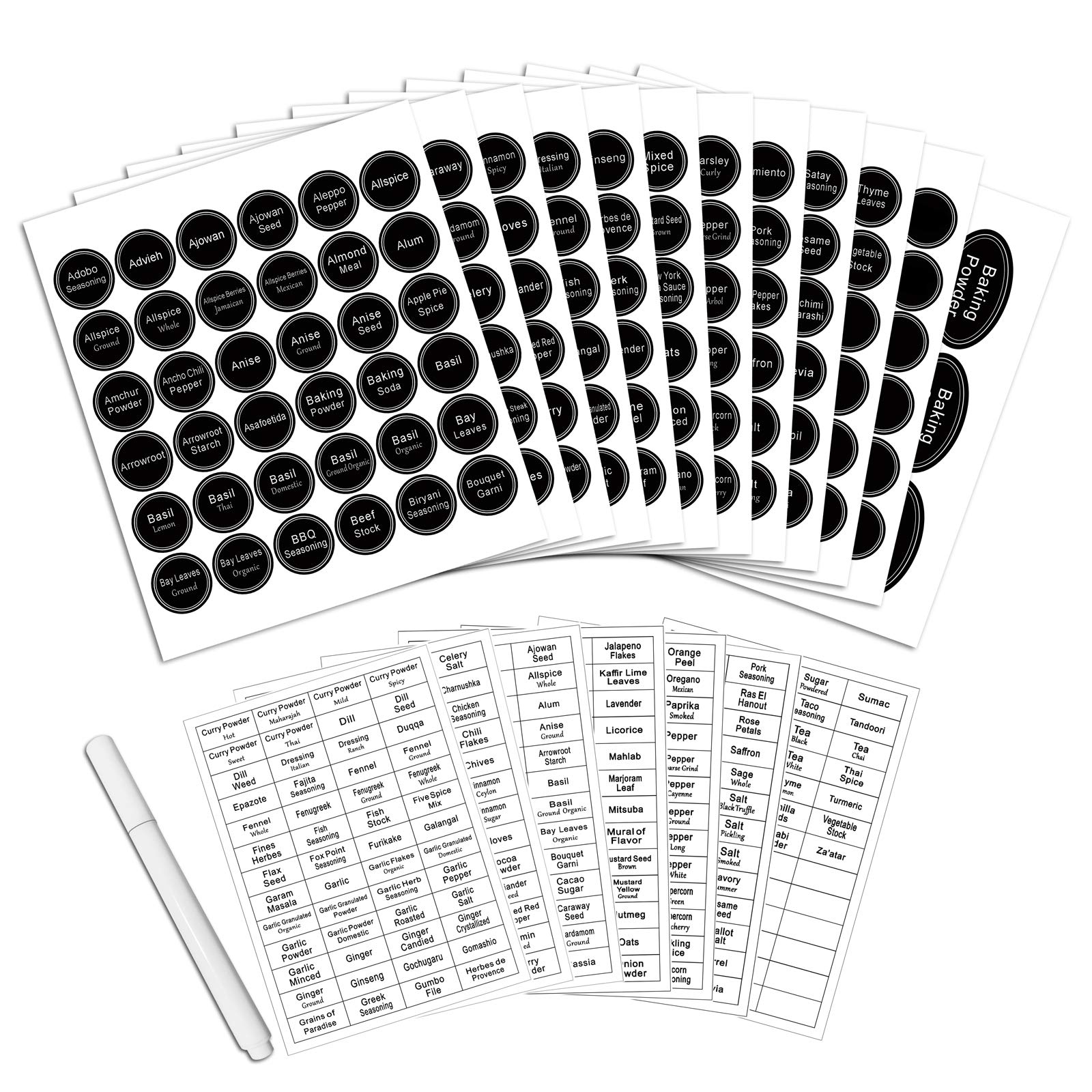 SWOMMOLY 771 Printed Spice Jar Labels with Extra Write-on Labels - Pantry Organization Stickers & Chalk Marker Pen Set for Kitchen, Spice Rack & Pantry - Includes Chalkboard & Transparent Labels for Home & Restaurant Use