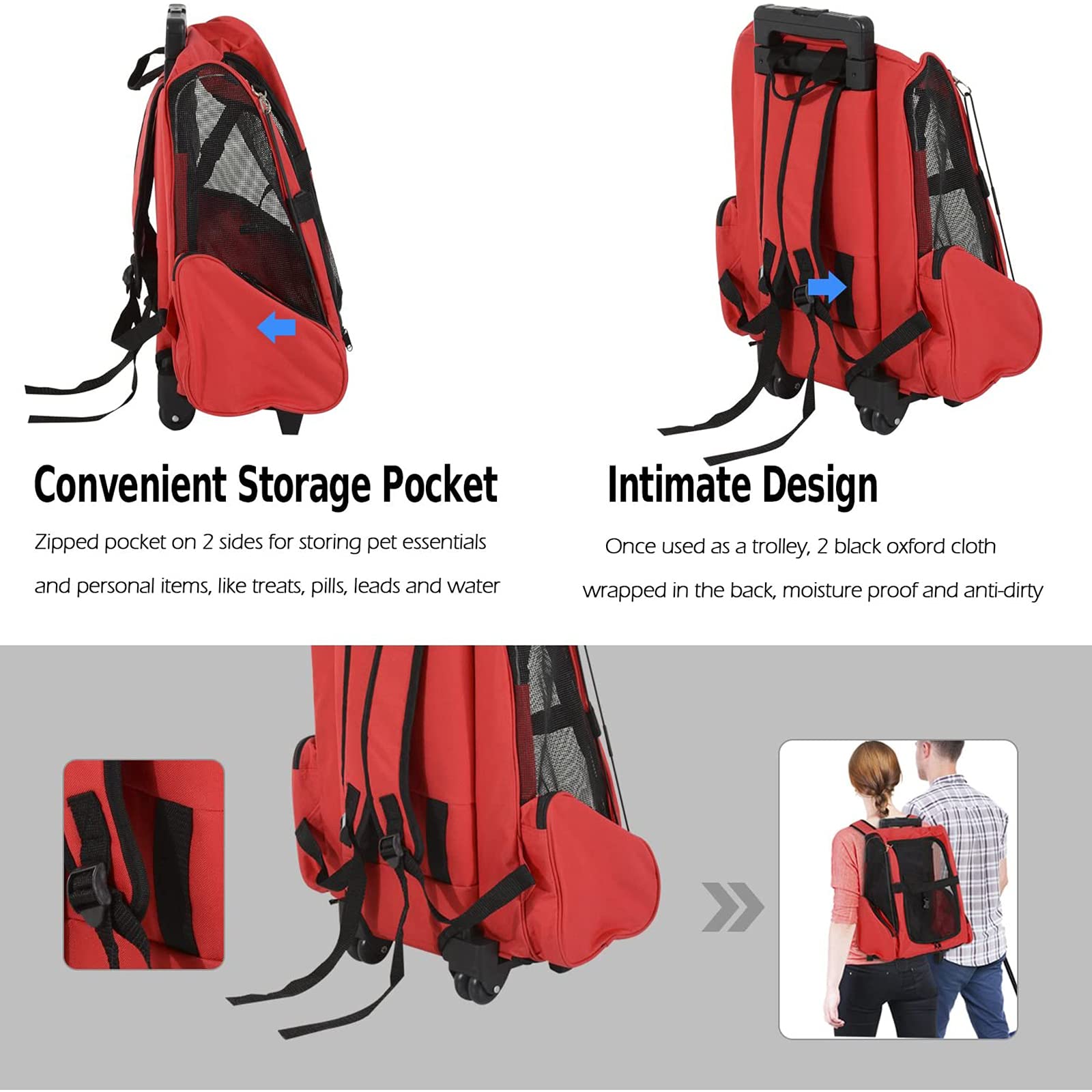 Portable Pet Travel Carrier Backpack with Wheels - Lightweight Soft-Sided Rolling Pet Stroller for Dogs & Cats - Perfect for Air Travel, Road Trips & Outdoor Adventures