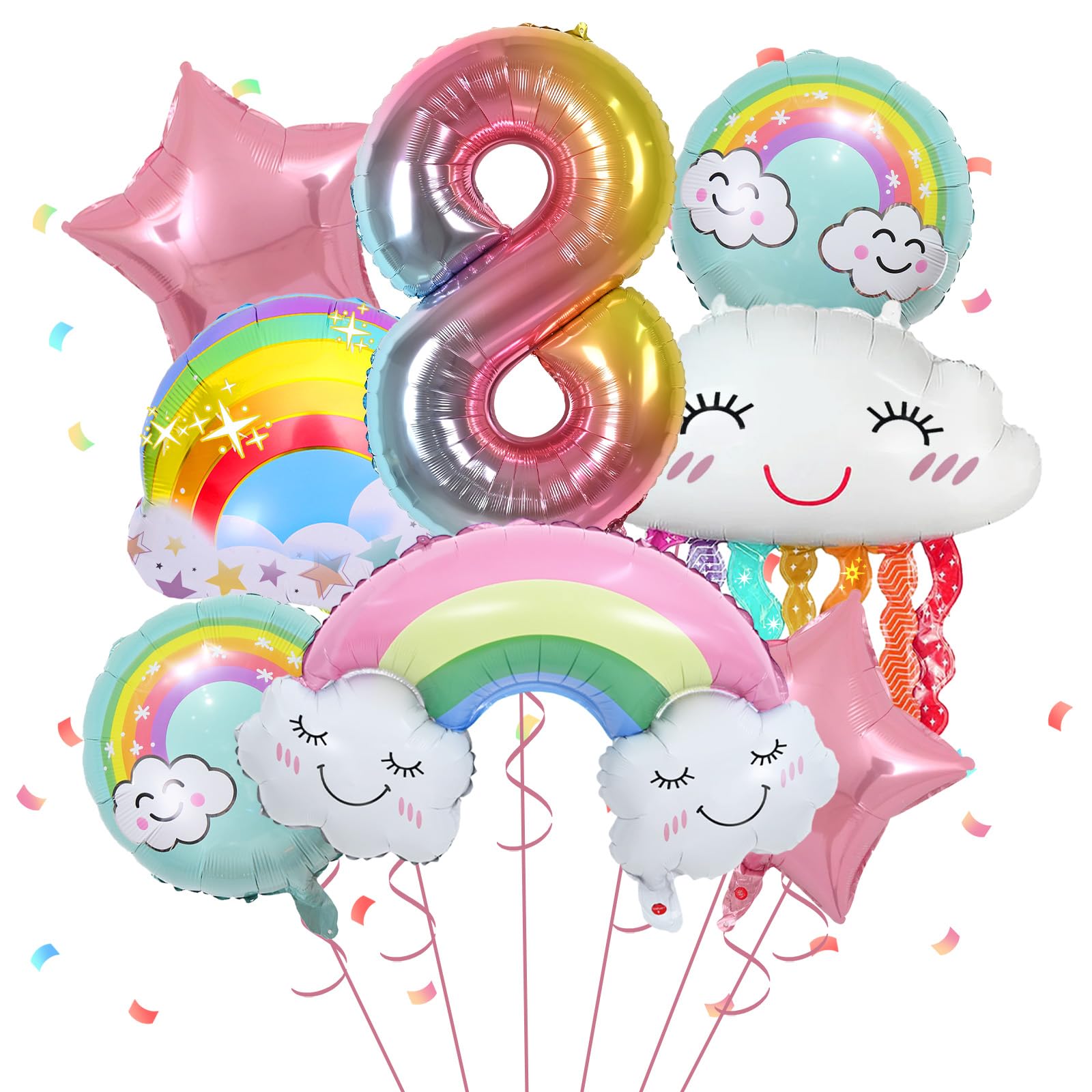 8th Birthday Party Decorations for Girls - 8 Pcs Rainbow Pink Star Pastel Foil Balloons with Number 8 Balloon, Perfect for Girls Birthday Party & Baby Shower Supplies | Great for Indoor & Outdoor Celebrations