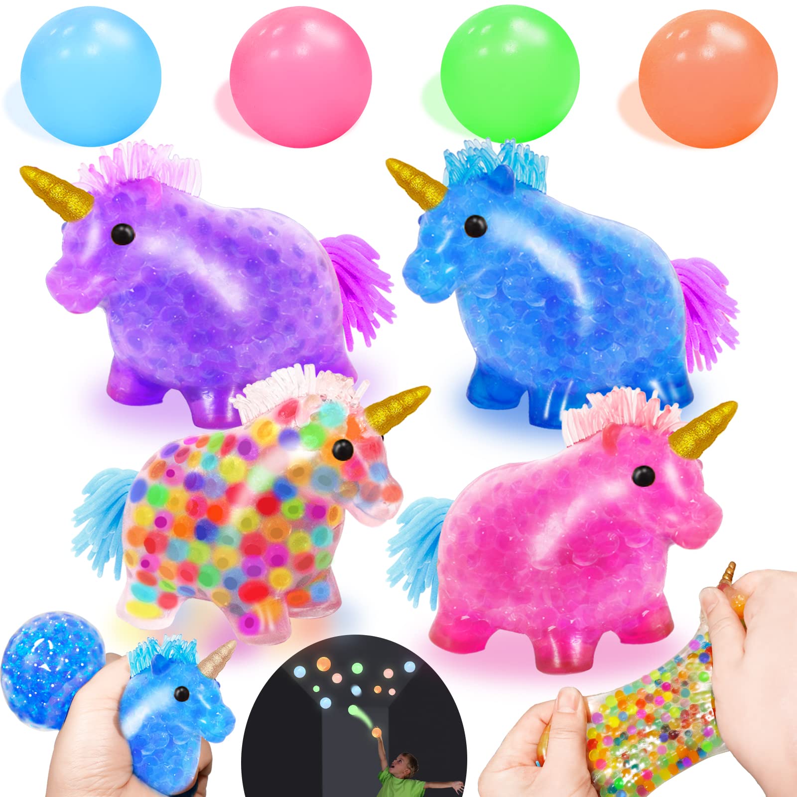 AMENON 8 Pack Glow in The Dark Unicorn Squishy Stress Balls - Sensory Fidget Toys for Kids & Adults with Anxiety, ADHD, Autism - Colorful Water Bead Stress Relief Squeeze Balls for Home, Office, Classroom & Therapy Use