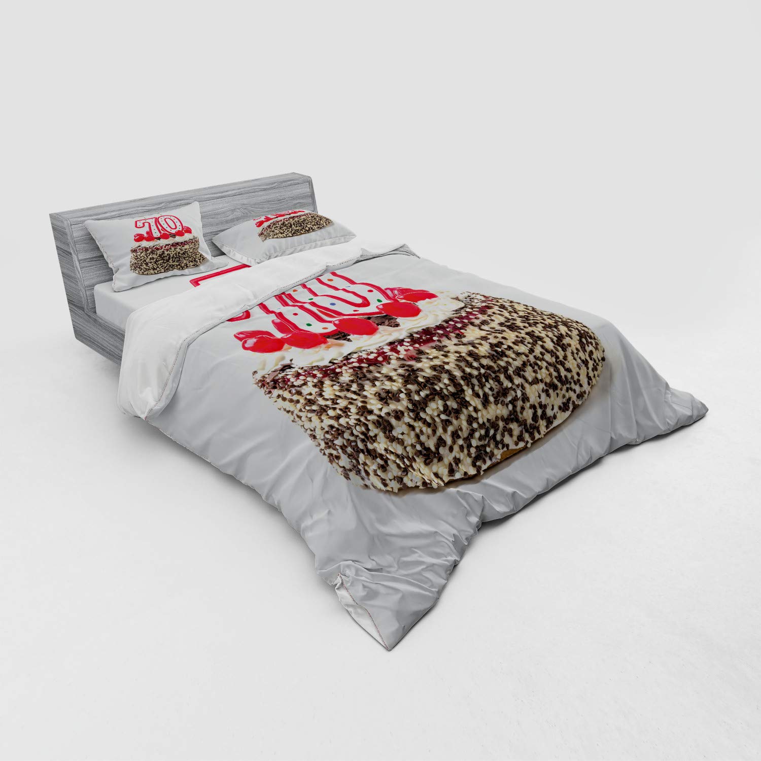 Ambesonne 70th Birthday Bedding Set - Queen Size 4-Piece Duvet Cover with Shams & Fitted Sheet - Fun Birthday Cake with 70 Candles & Sprinkles Design - Perfect for Milestone Celebrations & Party Decorations