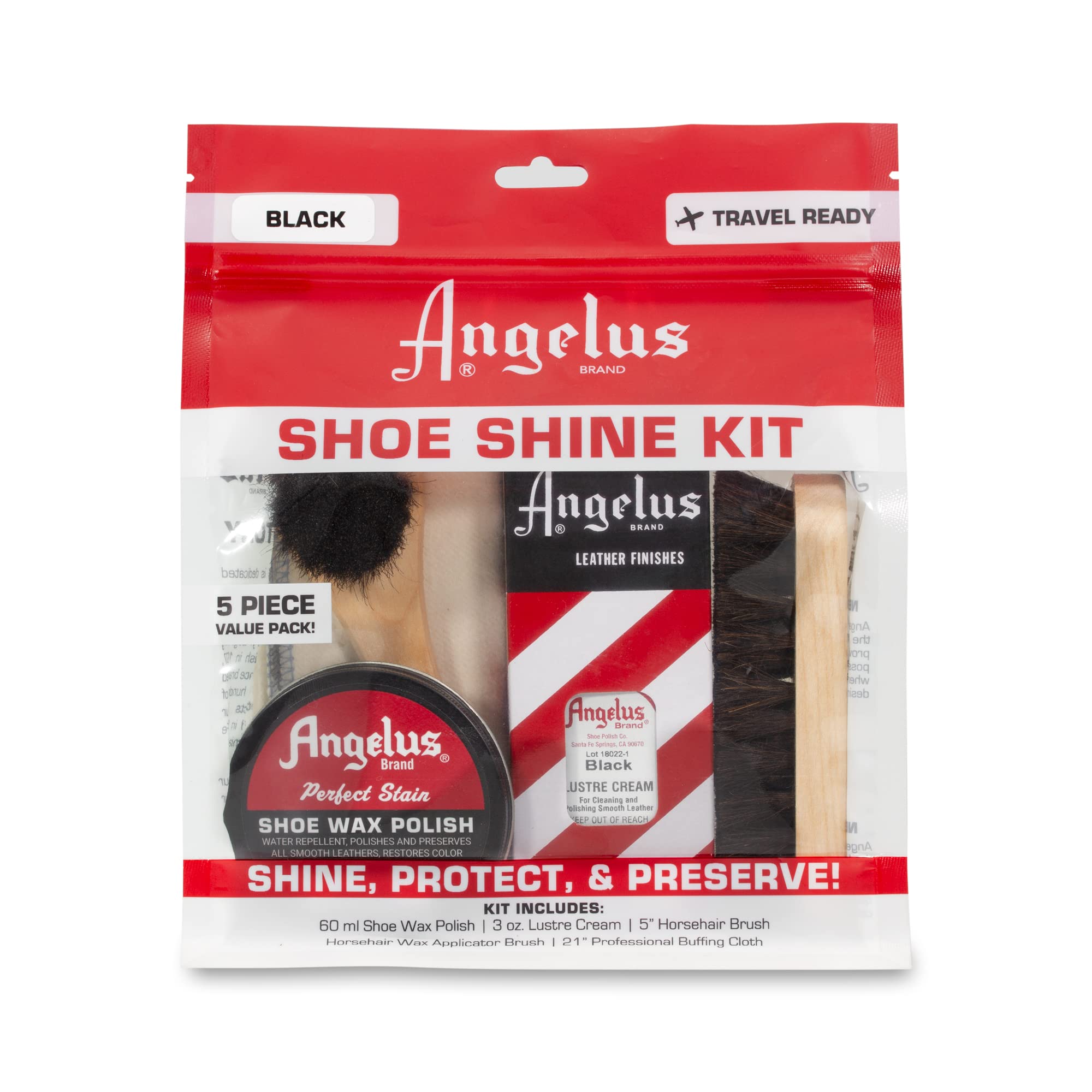 Angelus Shoe Shine Kit - 5 Piece Set with Black Boot & Shoe Polish Wax, 3oz Shoe Cream, Horsehair Brush, Dauber & Cloth | Premium Leather Care for Dress Shoes, Boots & Work Boots | Perfect for Home, Office & Professional Shoe Shining