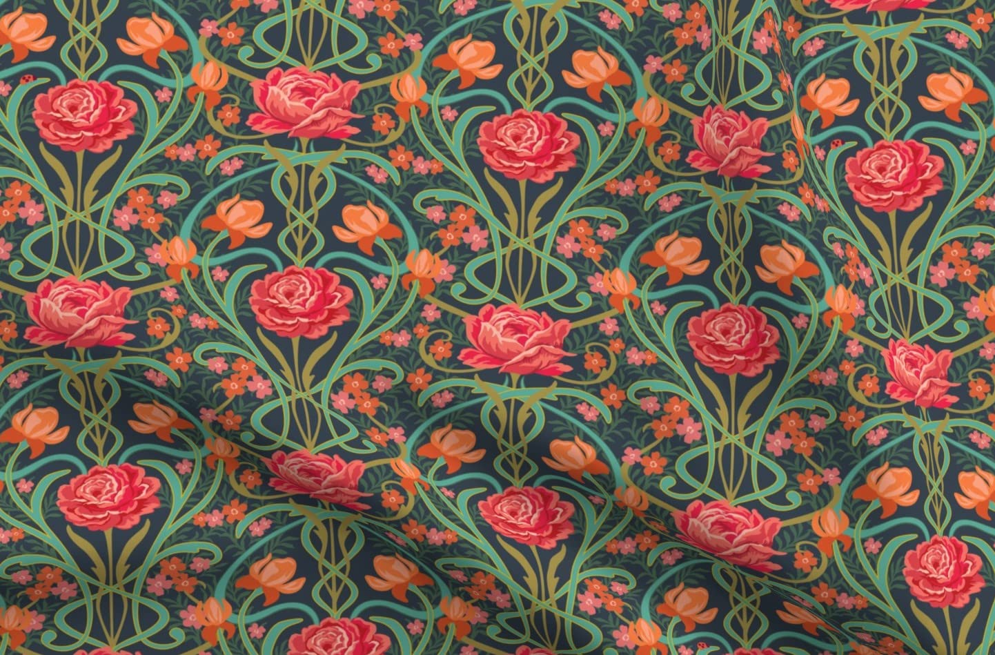 Premium Spoonflower Fabric - Large Rose Tulips Botanical Print in Red Coral & Navy - Art Nouveau Floral Design on Petal Signature Cotton - Fat Quarter for Sewing, Quilting, Apparel & Home Decor | Perfect for DIY Crafts, Dressmaking & Bohemian Style Home Accents