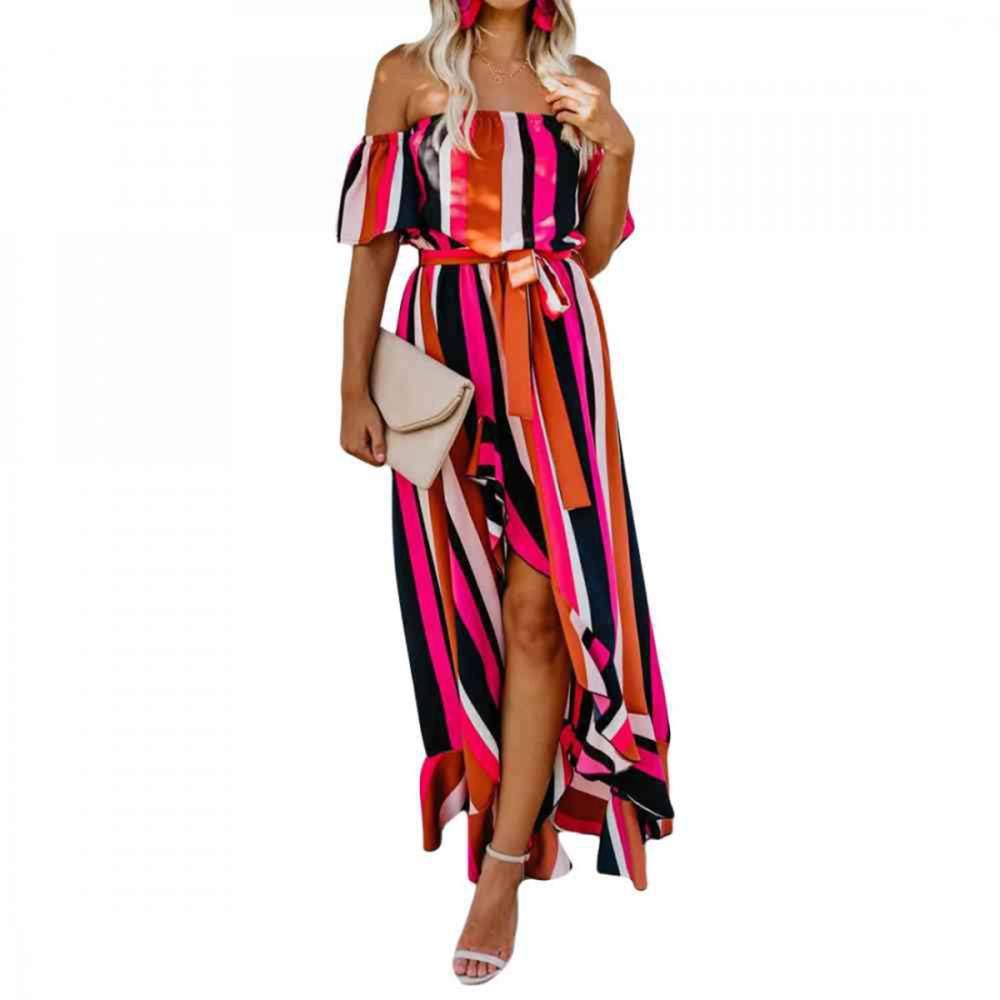 **Women's Off Shoulder Summer Dress - Striped Ruffled Asymmetrical Flowy Dress for Beach, Vacation & Casual Outings**