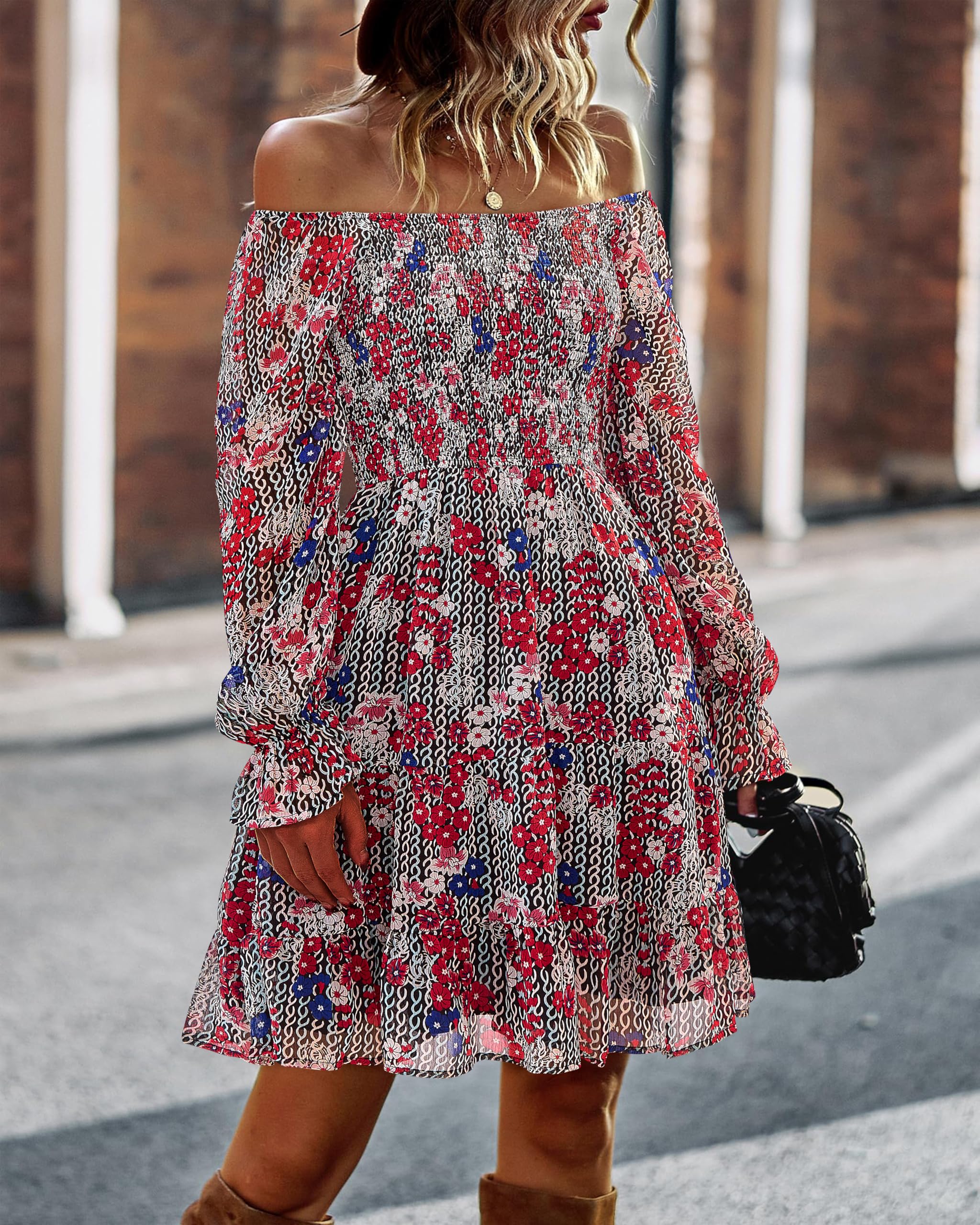 BTFBM Women's Floral Swiss Dot Boho Dress - Square Neck Smocked Long Sleeve Mini Dress for Spring Summer 2025 | Perfect for Wedding Guest, Garden Party & Casual Outings