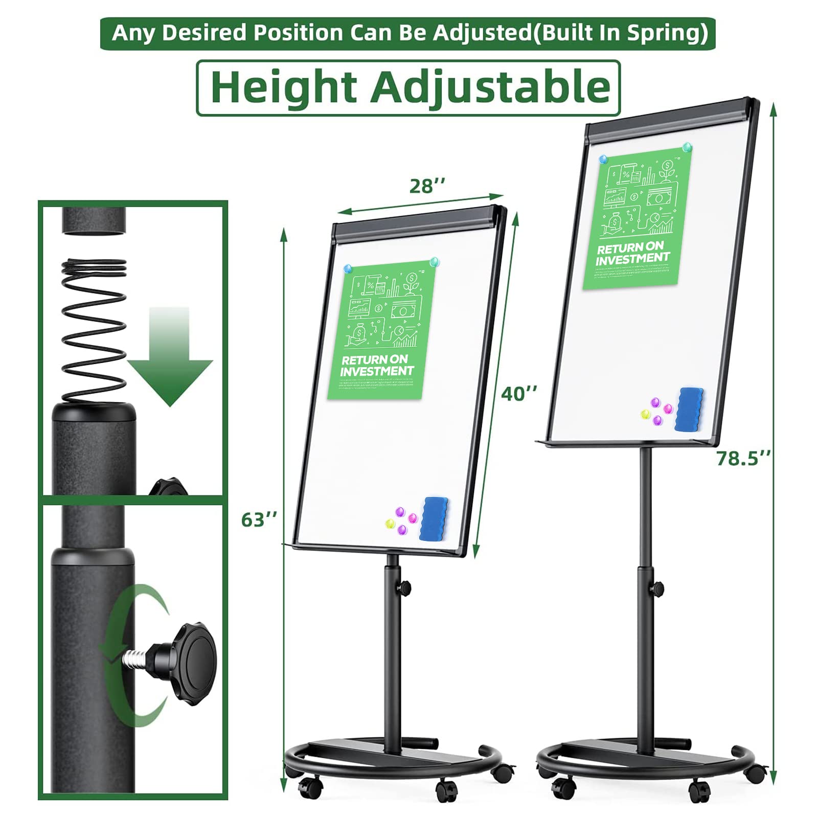 40x28 Inch Magnetic Dry Erase Whiteboard with Adjustable Stand - Portable Mobile Flipchart Easel for Office & Classroom - Includes Markers, Magnets & Eraser (Black) - Perfect for Presentations, Brainstorming & Teaching