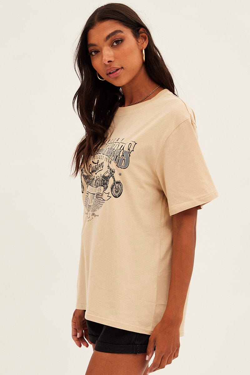Beige Graphic T-Shirt for Men & Women - Soft Cotton Short Sleeve Round Neck Tee - Casual Everyday Wear, Street Style Outfit