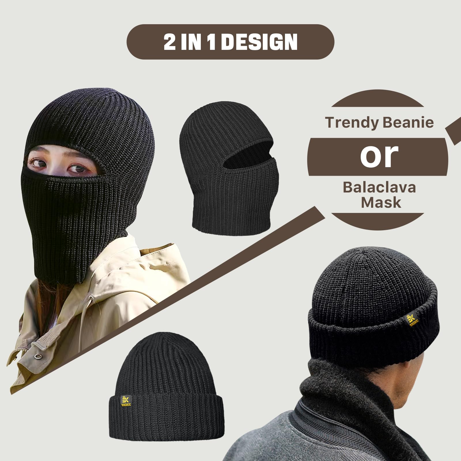 BROKIG 2 in 1 Black Balaclava Ski Mask - Warm Stretchy Soft Face Cover & Beanie Hat for Men - Winter Sports, Snowboarding, Motorcycle Riding, Outdoor Activities