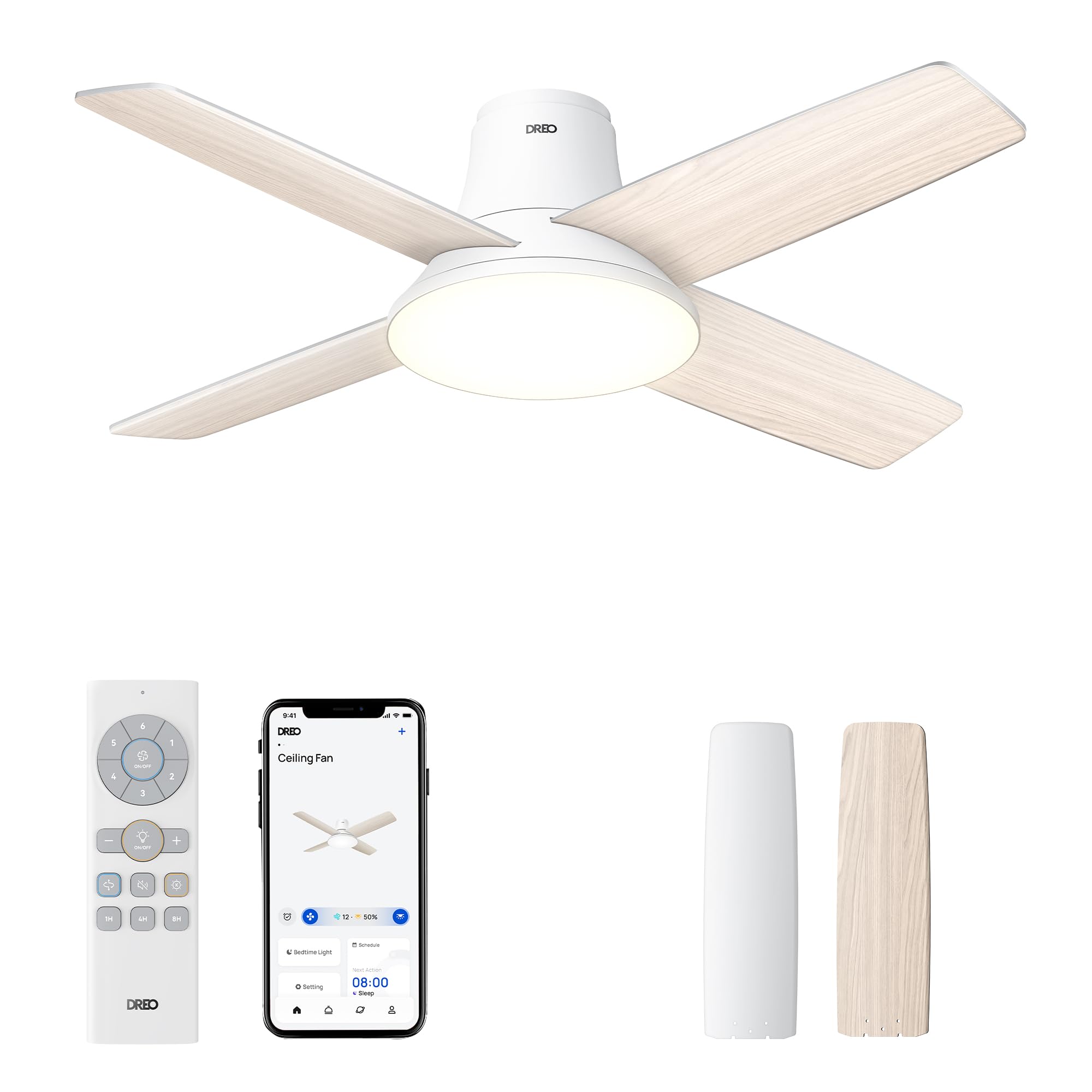 Dreo 44'' Smart Ceiling Fan with LED Light - 12 Speed Quiet DC Motor, 3 Modes, Remote Control & Dimmable Flush Mount Design - Perfect for Bedroom, Living Room & Home Office (White)