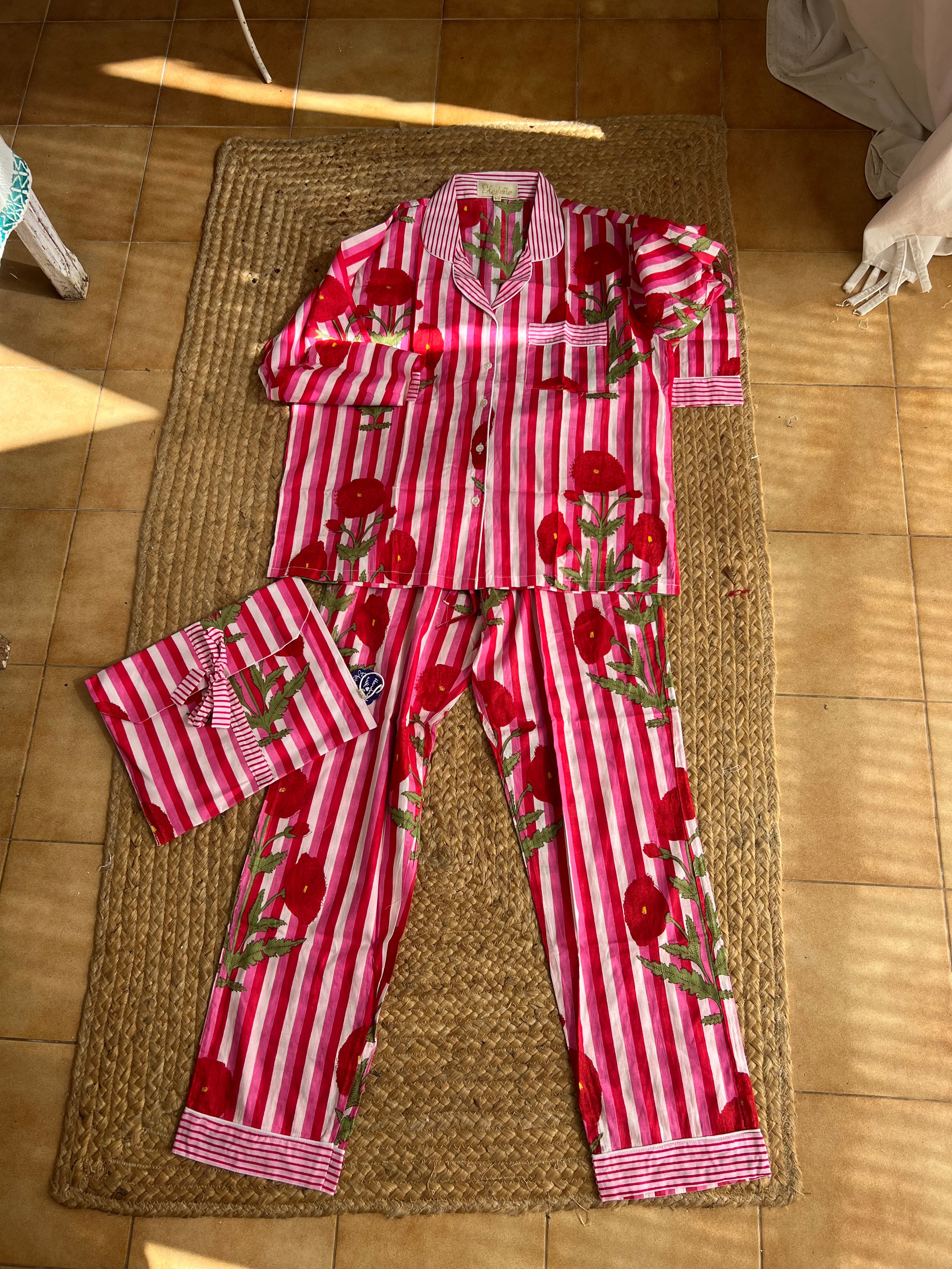 Hand Block Print Cotton Pyjama Set - Cozy Lounge Wear in Pink Poppie Stripes for Women | Perfect for Sleepwear, Relaxing at Home & Gift Giving