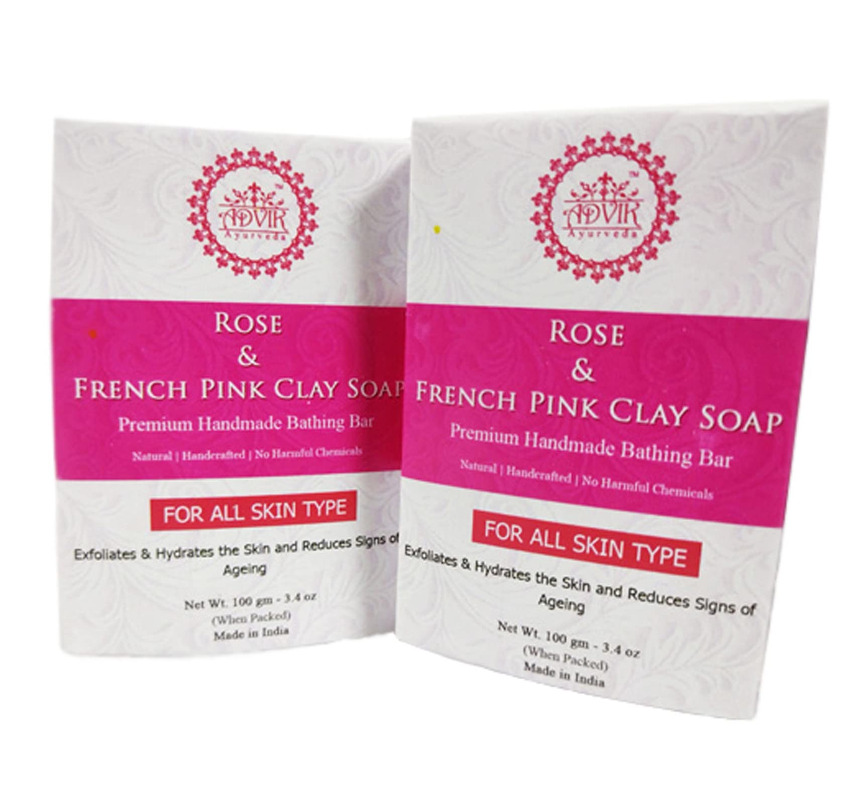 Advik Ayurveda Rose & French Pink Clay Handmade Soap - Skin Brightening & Lightening Bar (100g, Pack of 2) | Natural Soap for Men & Women | Paraben & Sulfate Free | Perfect for Daily Skincare & Gift Sets