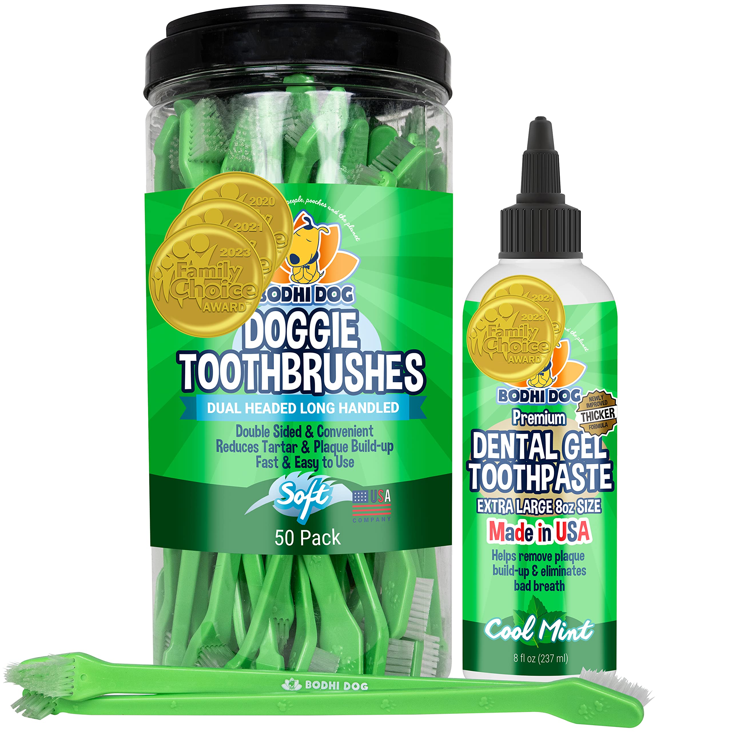 Bodhi Dog 50 Pack Dual Headed Toothbrushes & Dental Gel - Pet Dental Care Kit for Dogs