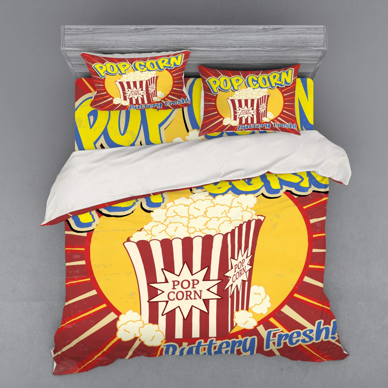 Ambesonne Retro Vintage Grunge Popcorn Movie Bedding Set - 4 Piece Duvet Cover with Shams & Fitted Sheet, King Size, Multicolor - Perfect for Movie Themed Bedrooms & Film Lovers' Home Decor