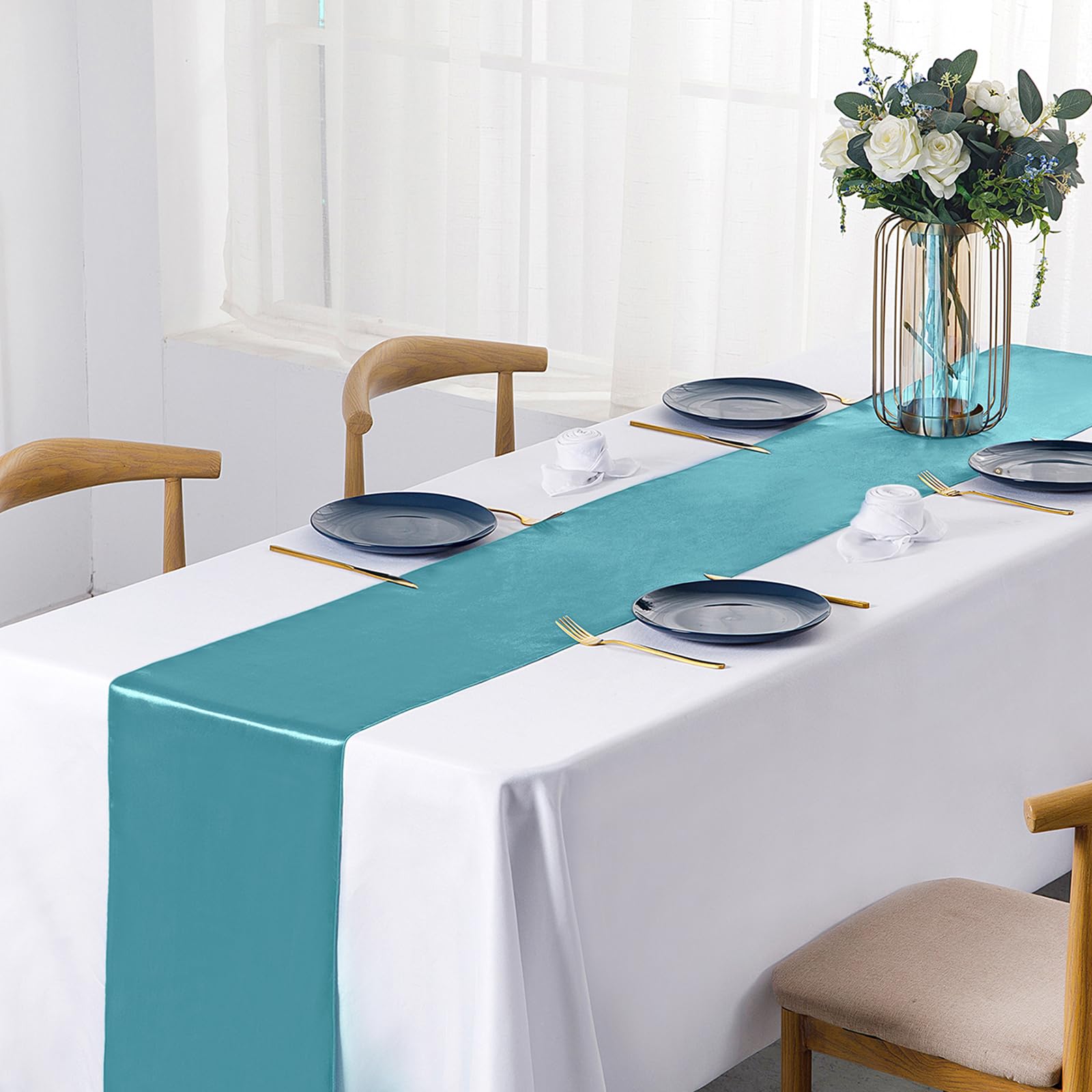 4-Piece Turquoise Satin Table Runner Set - 12x108 Inches Long Smooth Wedding Table Decor for Birthday Parties, Buffet, Banquets, Graduations & Engagements - Perfect for Elegant Dining & Special Event Decorations
