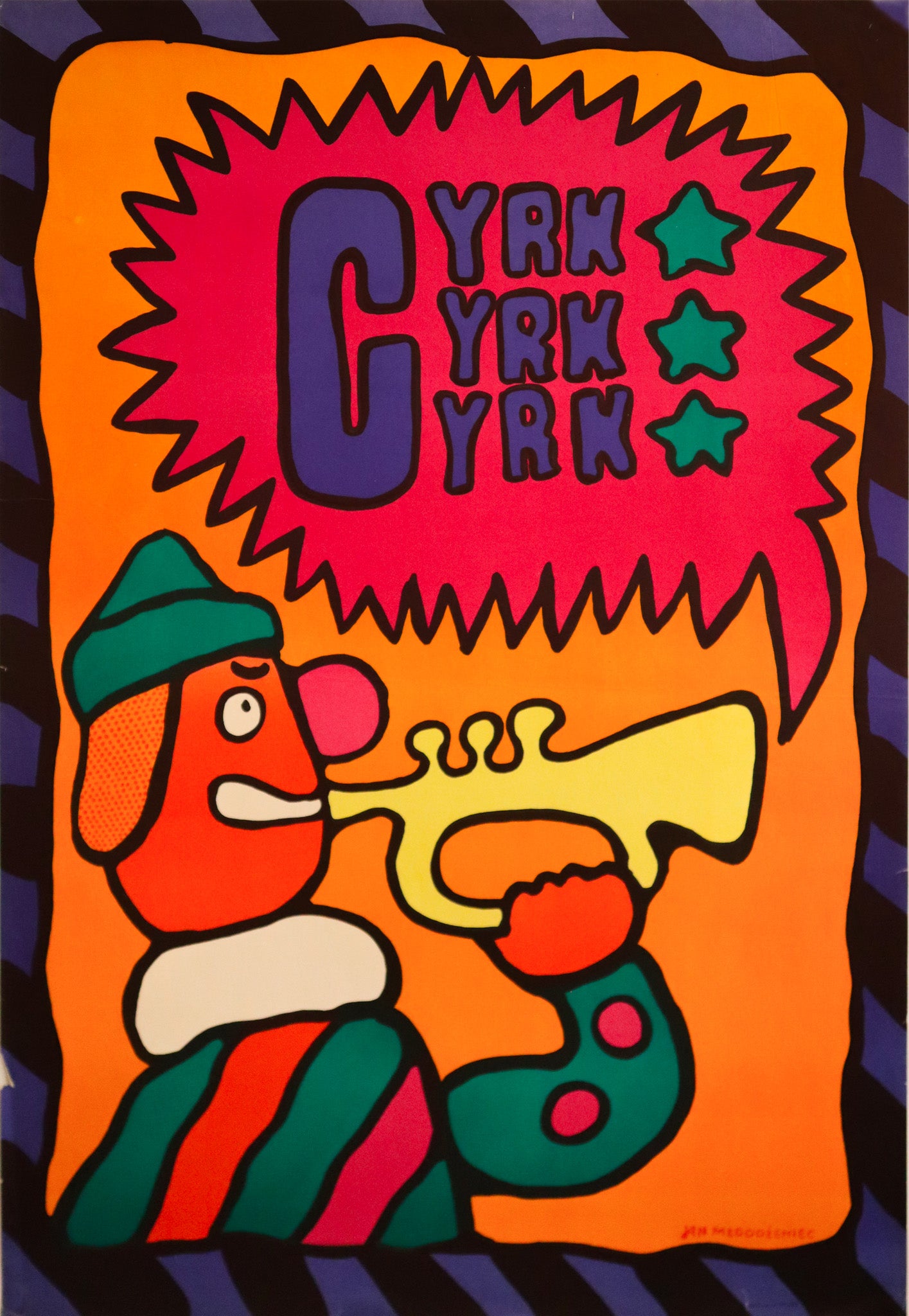 Vintage 1969 Polish Circus Poster - Cyrk Cyrk Cyrk (Clown with Trumpet) by Młodożeniec - Retro Wall Art for Home Decor, Office & Vintage Collectors