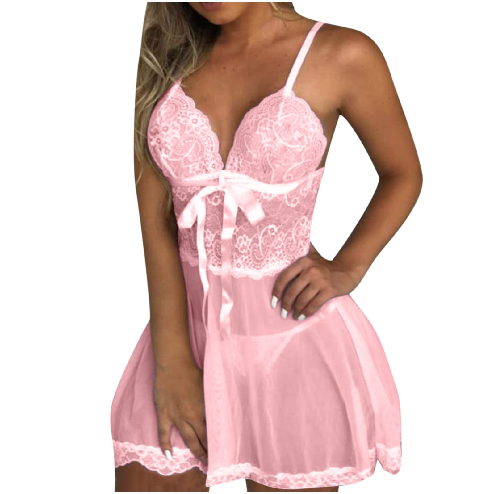 Sexy Lace Chemise Nightgown for Women - V-Neck See-Through Hollow Out Teddy Lingerie & Cami Skirt Sleepwear Set - Perfect for Valentine's Day, Honeymoon & Romantic Nights