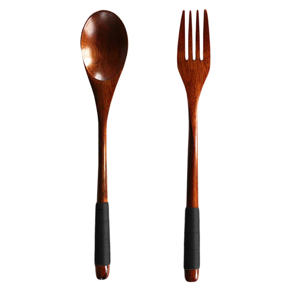 Japanese Wooden Handle Fork and Spoon Set - Eco-Friendly Bamboo Flatware for Everyday Dining, Picnics, Camping & Travel - Portable Wooden Cutlery for Home, Office & Outdoor Use