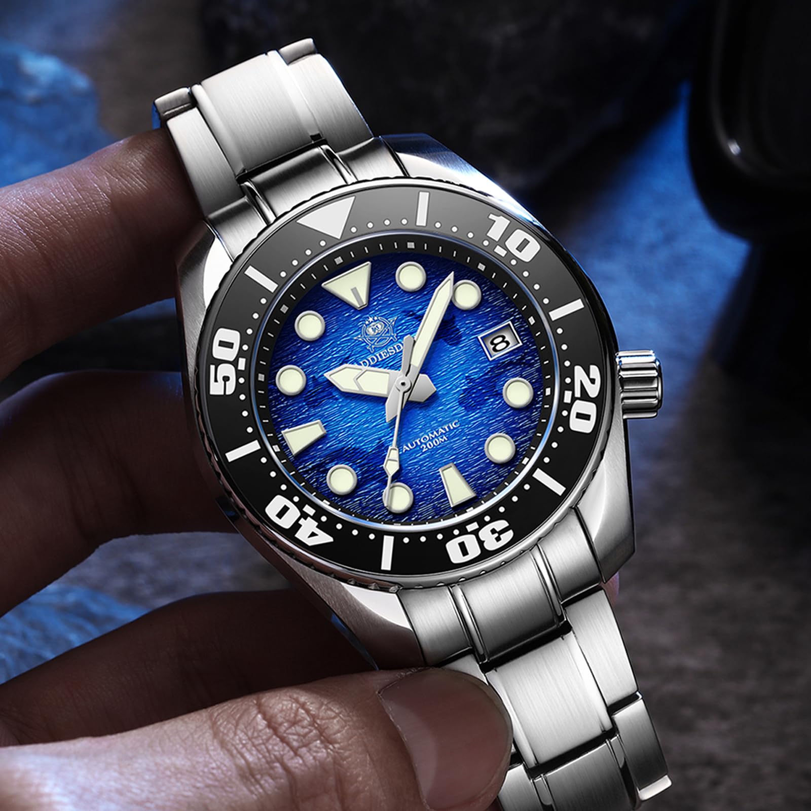 ADDIESDIVE Men's Automatic Diving Watch 44.9mm Blue Wave Dial, 200M Waterproof, NH35A Movement, Stainless Steel Band - Perfect for Scuba Diving, Snorkeling & Water Sports