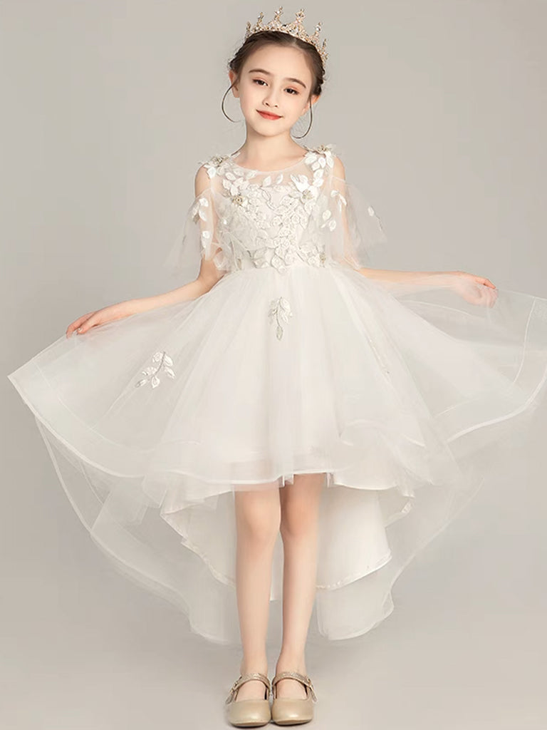 Beige Tulle Lace High-Low Flower Girl Dress | Elegant Lace Party Dress for Girls | Perfect for Weddings, Birthday Parties & Special Occasions